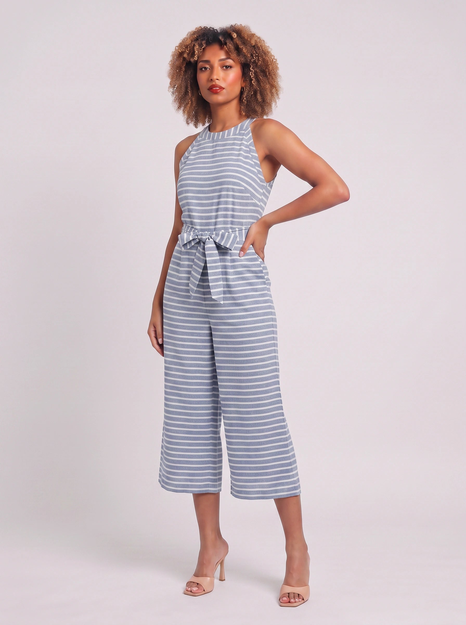 Rigata Halter Culotte Jumpsuit – Striped Women Casual Summer Romper Wide Leg Belted Waist Jumpsuit