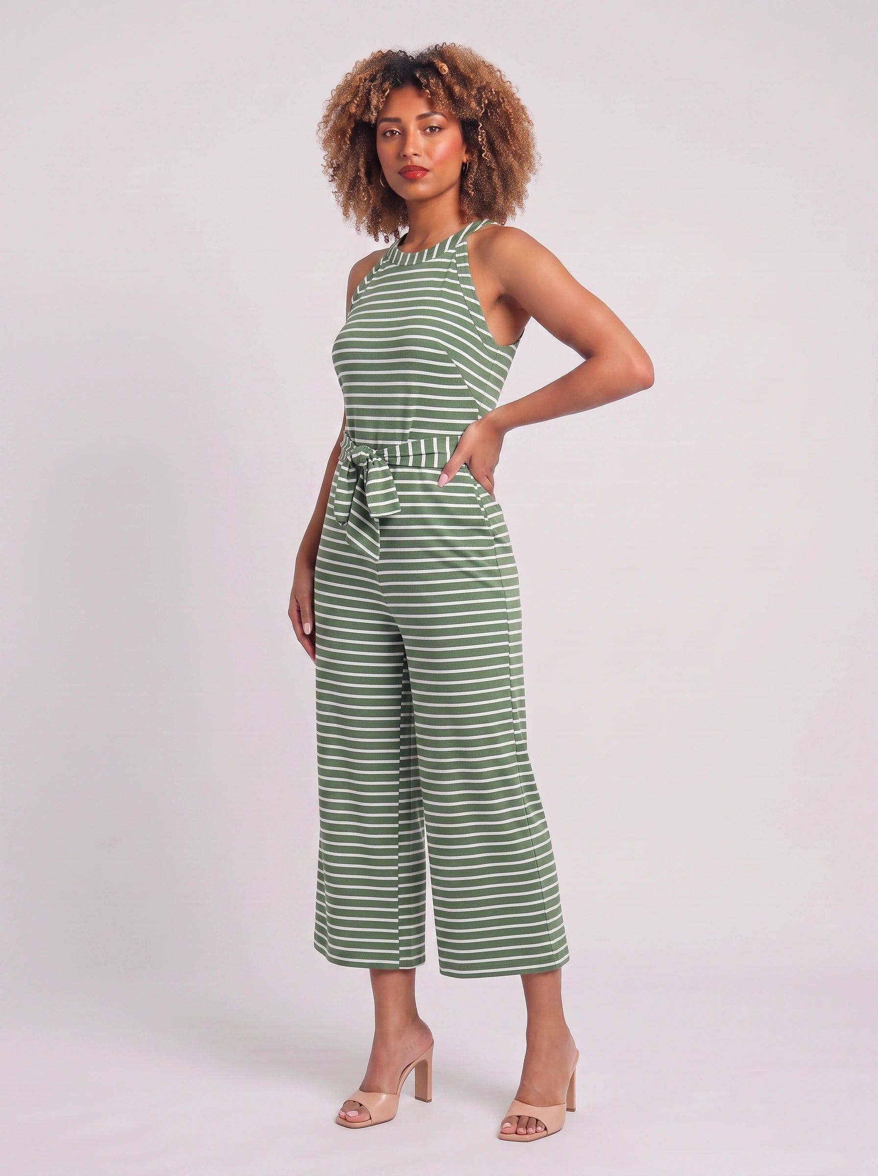 Rigata Halter Culotte Jumpsuit – Striped Women Casual Summer Romper Wide Leg Belted Waist Jumpsuit