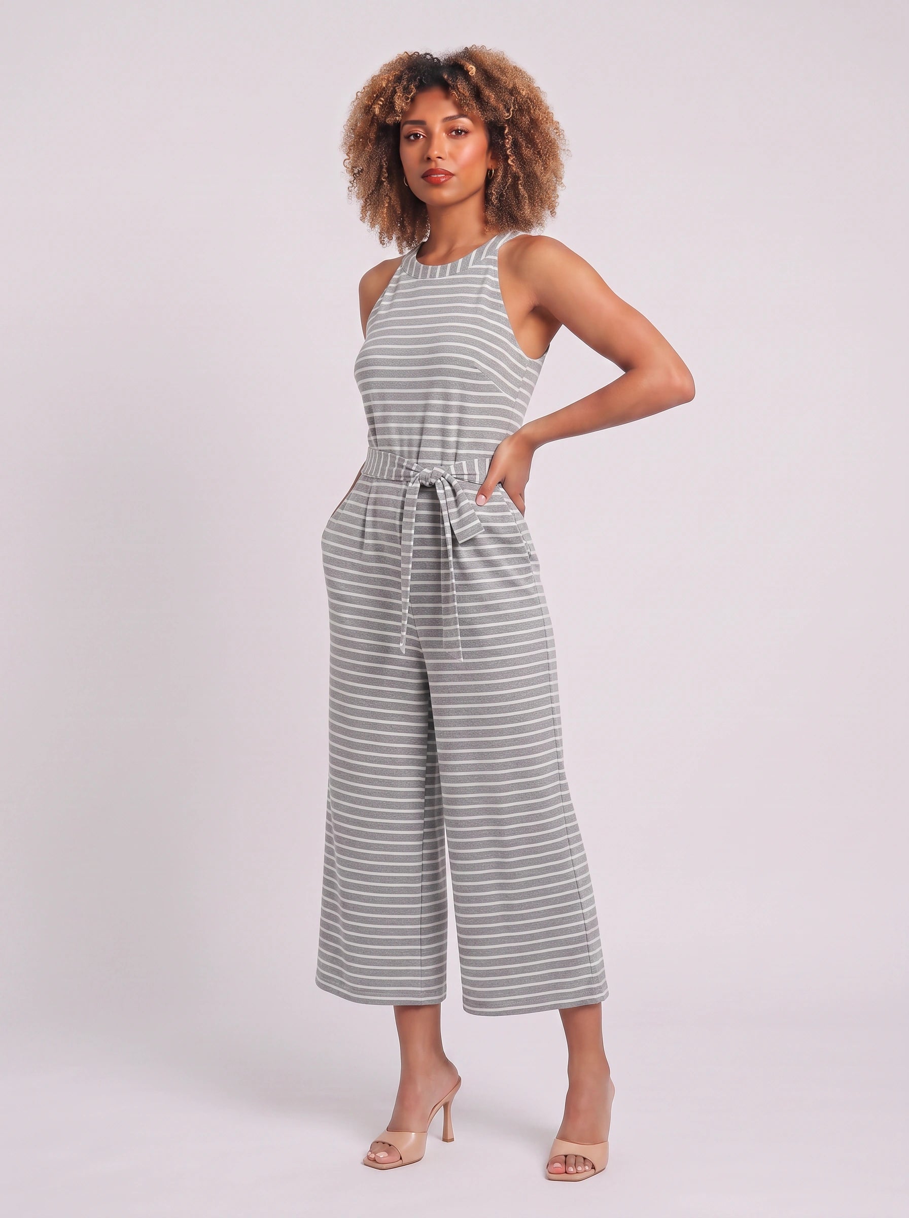 Rigata Halter Culotte Jumpsuit – Striped Women Casual Summer Romper Wide Leg Belted Waist Jumpsuit