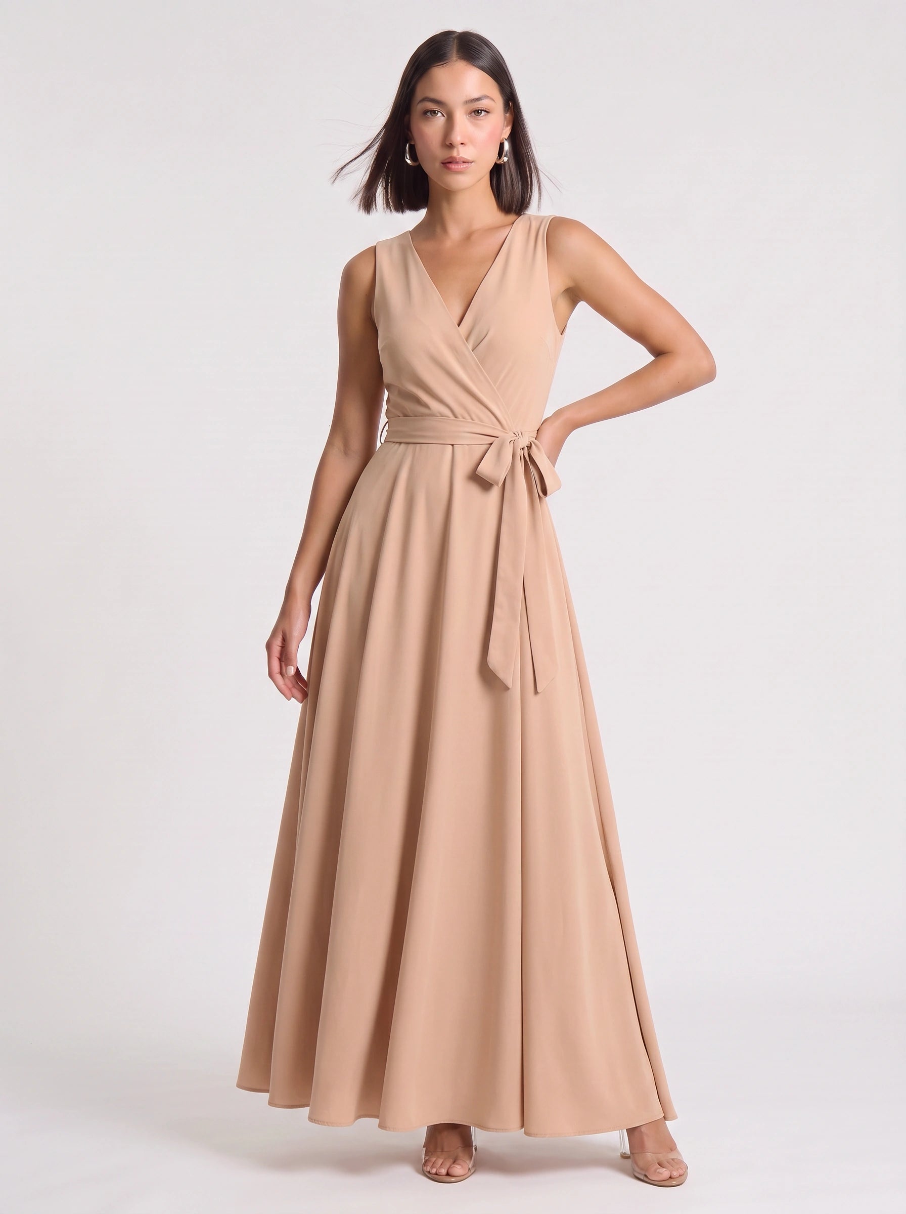 Cintura Wrap Tie Maxi Dress – Sleeveless V-Neck Women Formal Wedding Guest Evening Party Maxi Dress