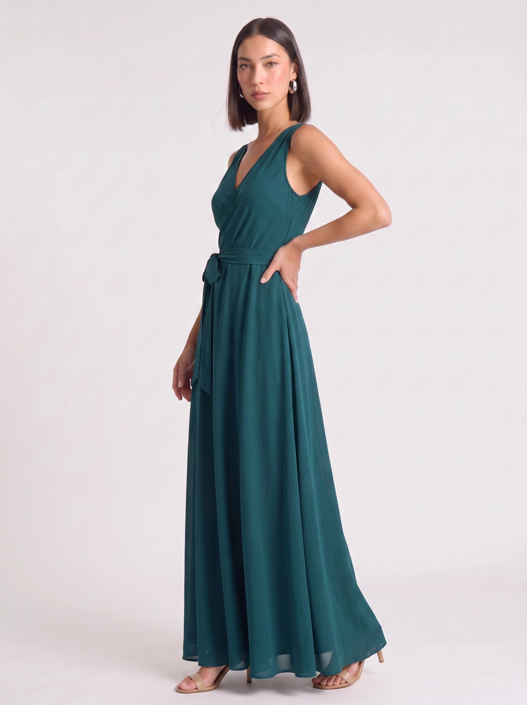 Cintura Wrap Tie Maxi Dress – Sleeveless V-Neck Women Formal Wedding Guest Evening Party Maxi Dress