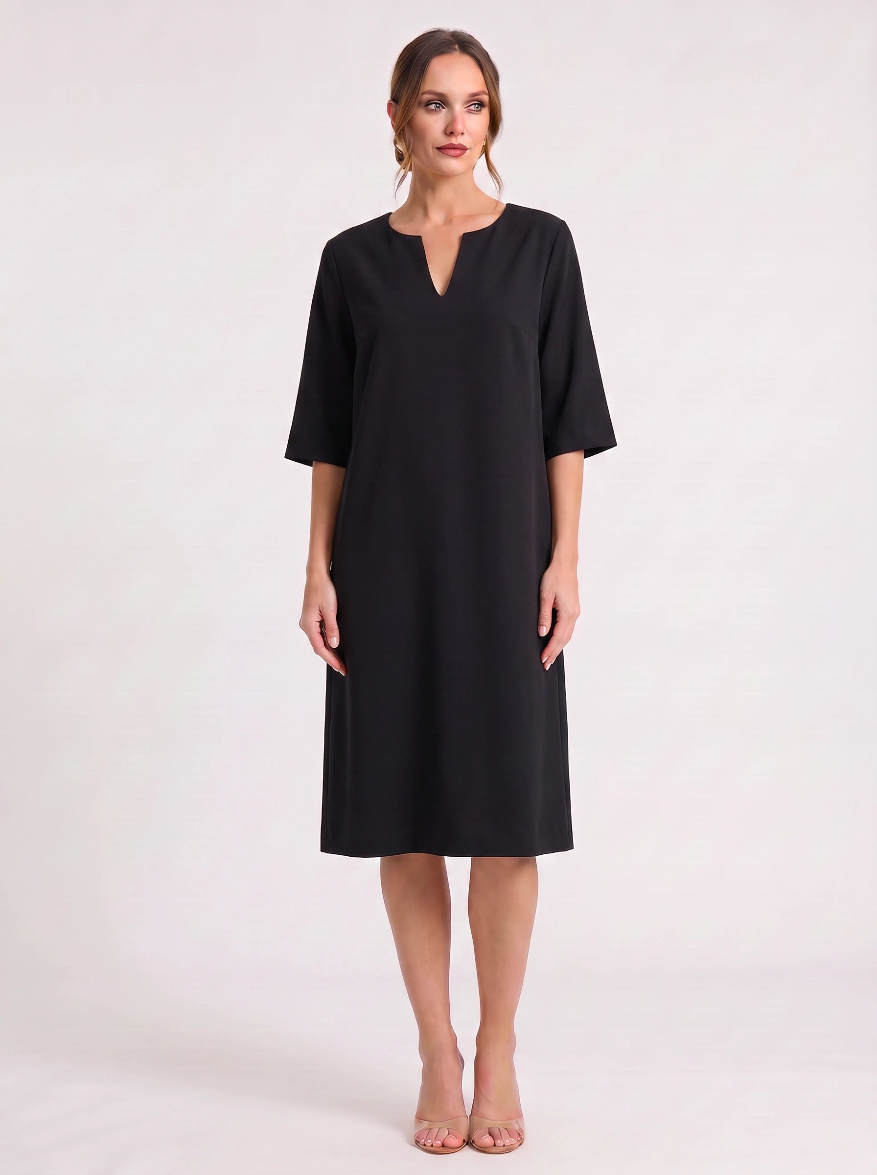 Notchlin V-Neck Shift Dress – Linen Women Casual Office Work Minimalist Three-Quarter Sleeve Shift Dress