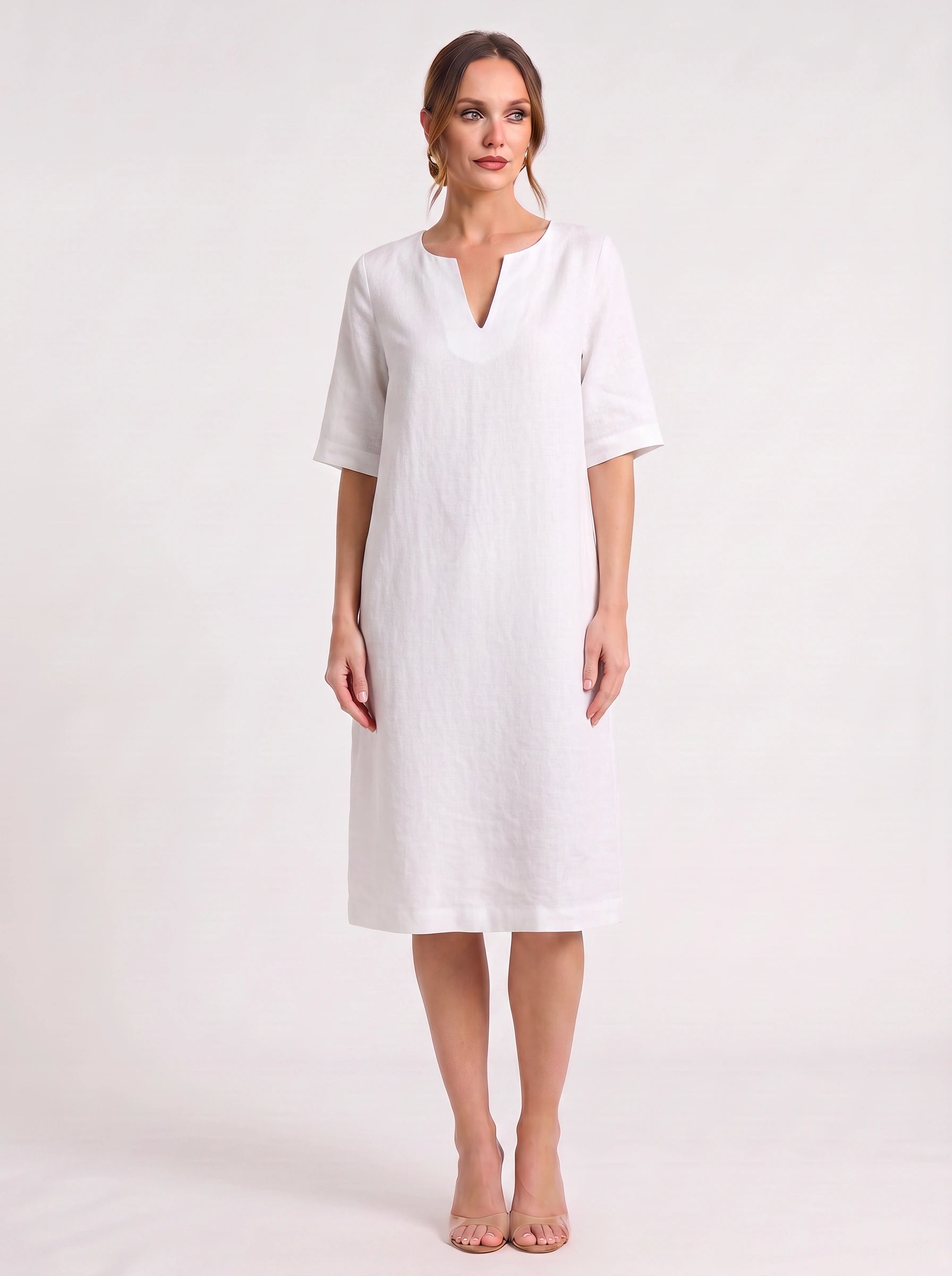 Notchlin V-Neck Shift Dress – Linen Women Casual Office Work Minimalist Three-Quarter Sleeve Shift Dress