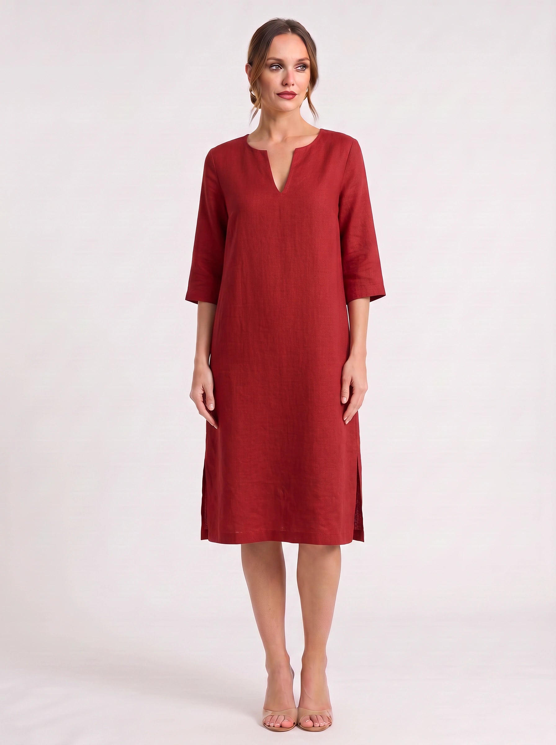 Notchlin V-Neck Shift Dress – Linen Women Casual Office Work Minimalist Three-Quarter Sleeve Shift Dress