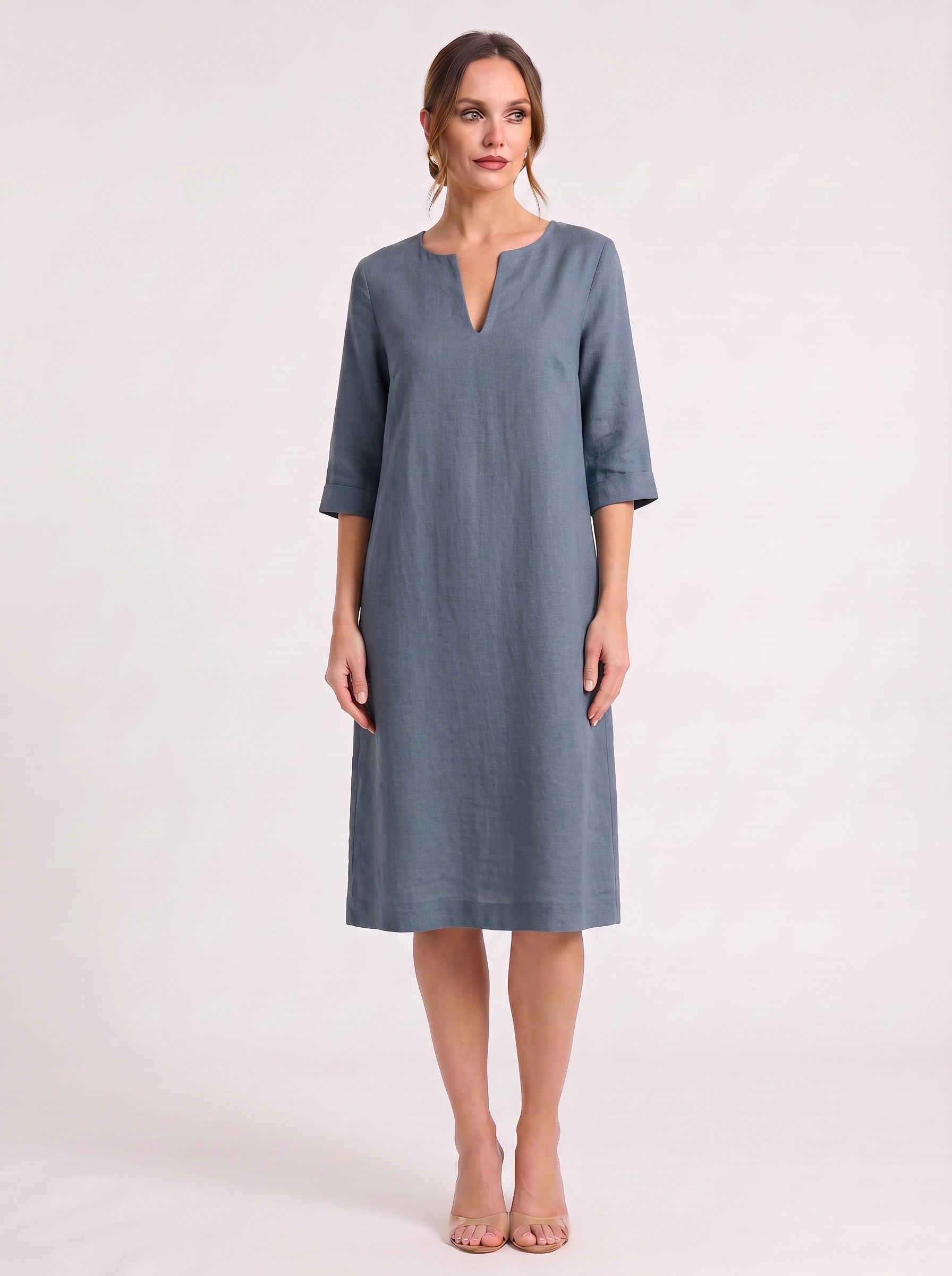 Notchlin V-Neck Shift Dress – Linen Women Casual Office Work Minimalist Three-Quarter Sleeve Shift Dress