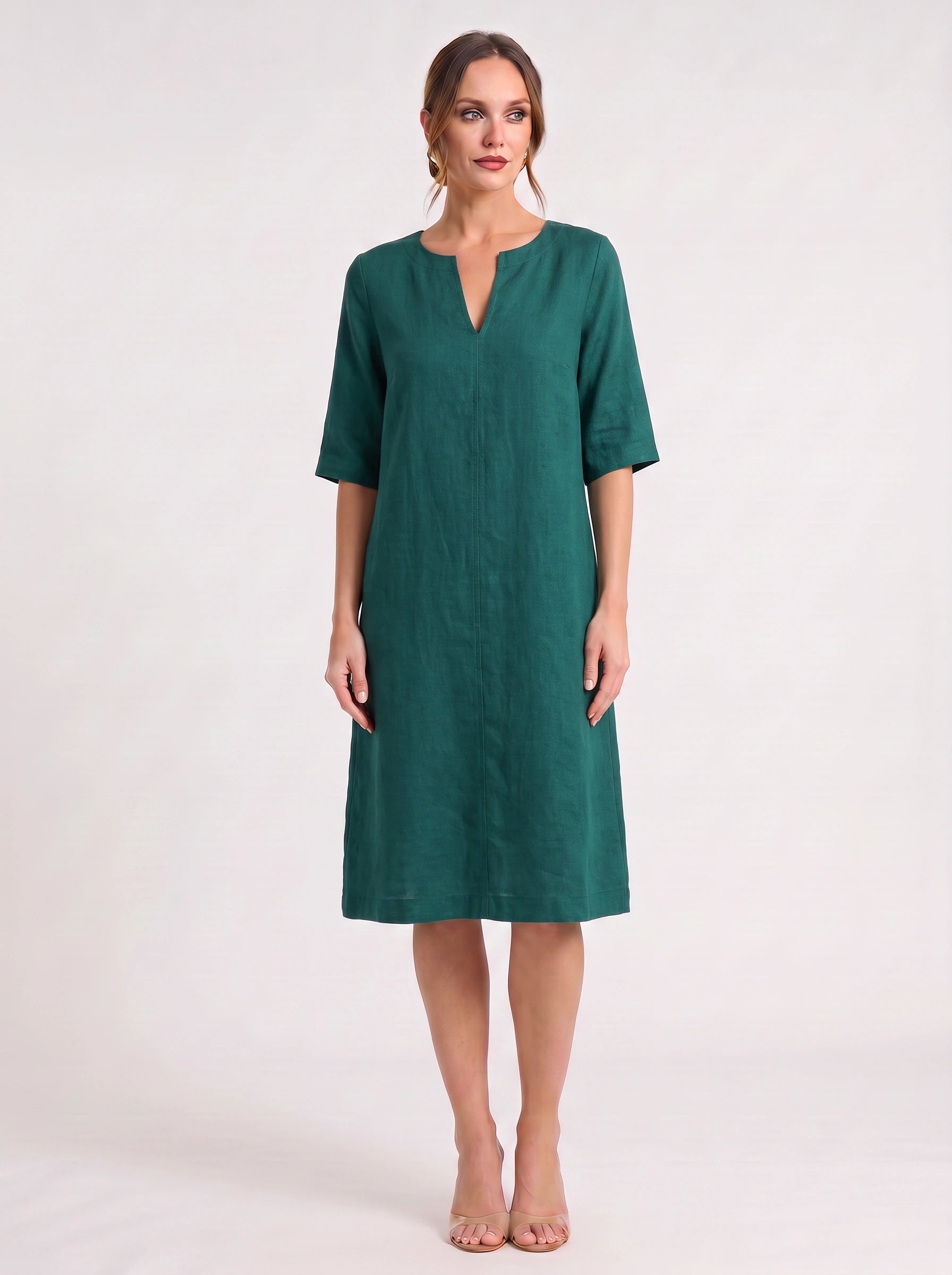Notchlin V-Neck Shift Dress – Linen Women Casual Office Work Minimalist Three-Quarter Sleeve Shift Dress