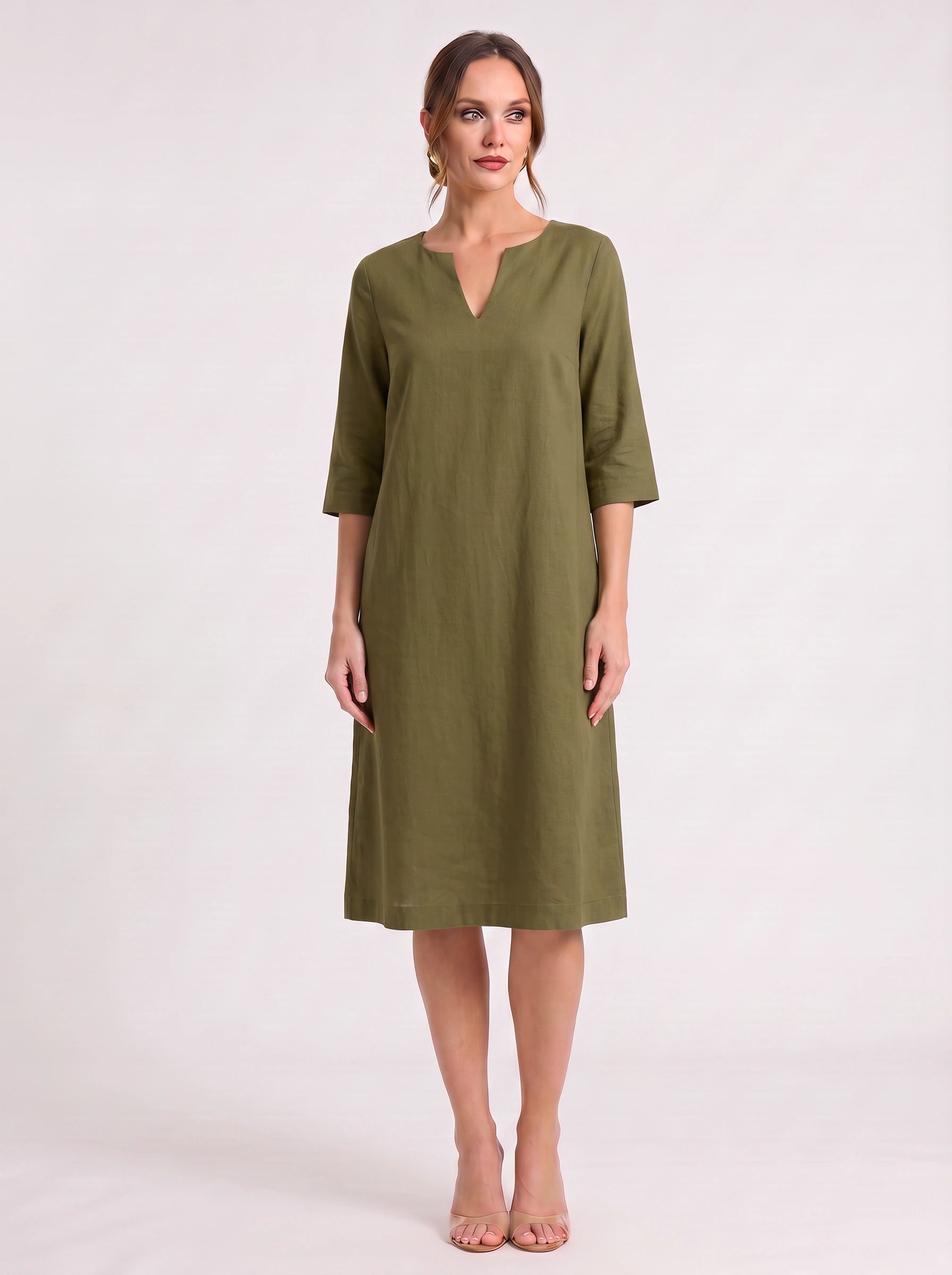 Notchlin V-Neck Shift Dress – Linen Women Casual Office Work Minimalist Three-Quarter Sleeve Shift Dress