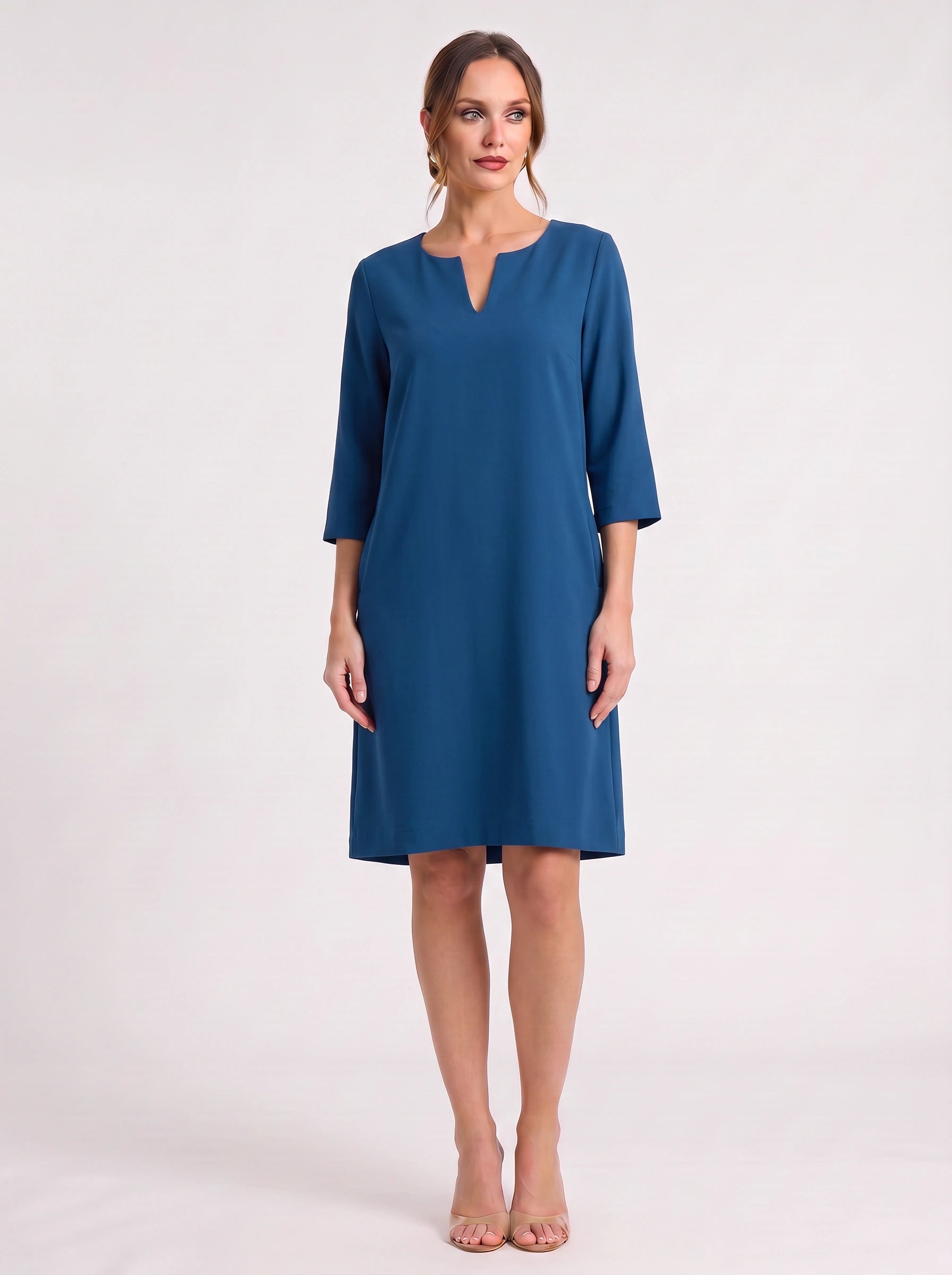 Notchlin V-Neck Shift Dress – Linen Women Casual Office Work Minimalist Three-Quarter Sleeve Shift Dress