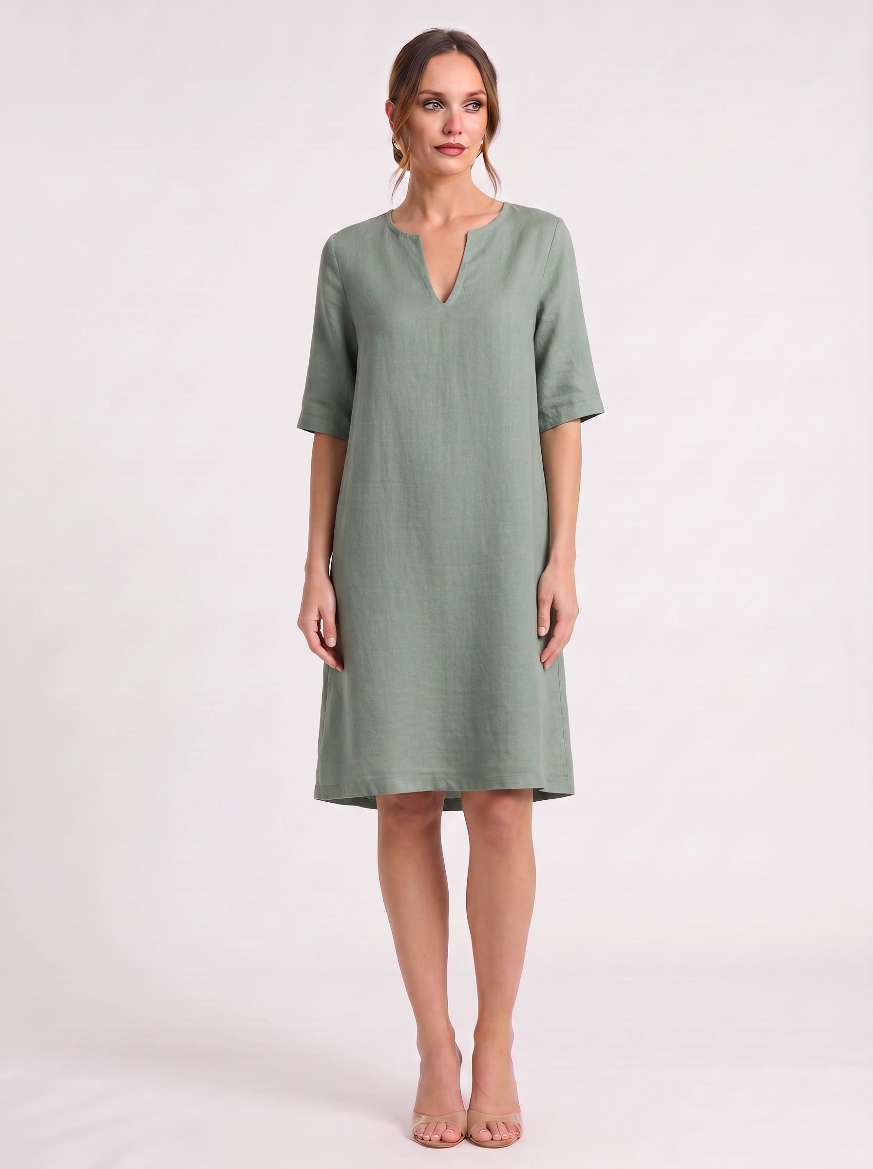 Notchlin V-Neck Shift Dress – Linen Women Casual Office Work Minimalist Three-Quarter Sleeve Shift Dress