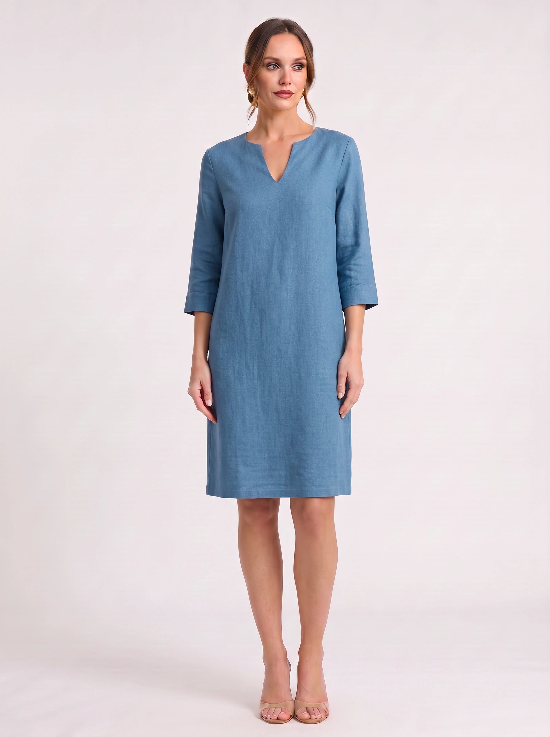 Notchlin V-Neck Shift Dress – Linen Women Casual Office Work Minimalist Three-Quarter Sleeve Shift Dress