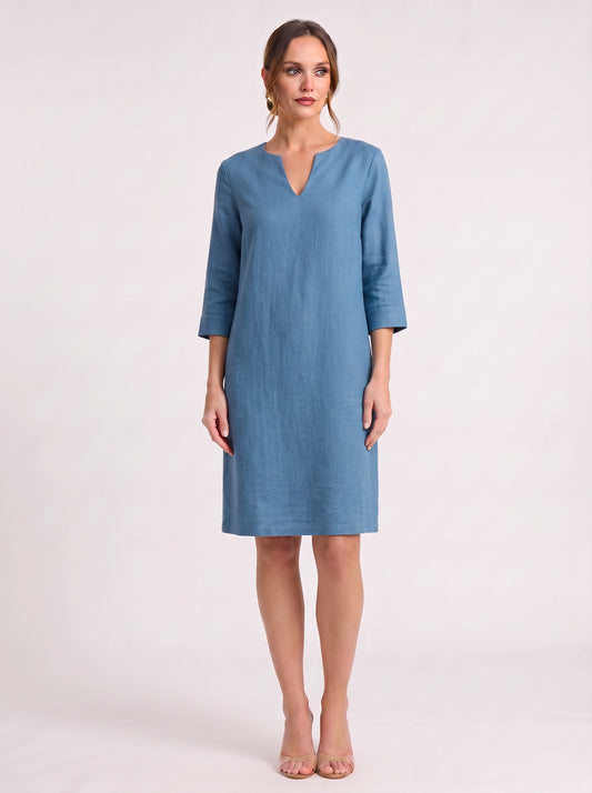 Notchlin V-Neck Shift Dress – Linen Women Casual Office Work Minimalist Three-Quarter Sleeve Shift Dress