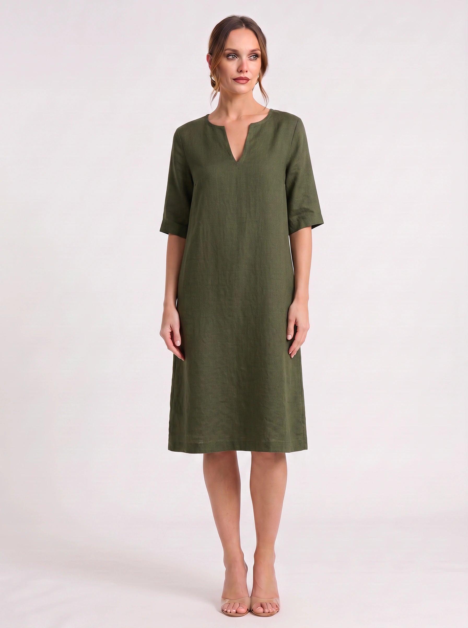 Notchlin V-Neck Shift Dress – Linen Women Casual Office Work Minimalist Three-Quarter Sleeve Shift Dress
