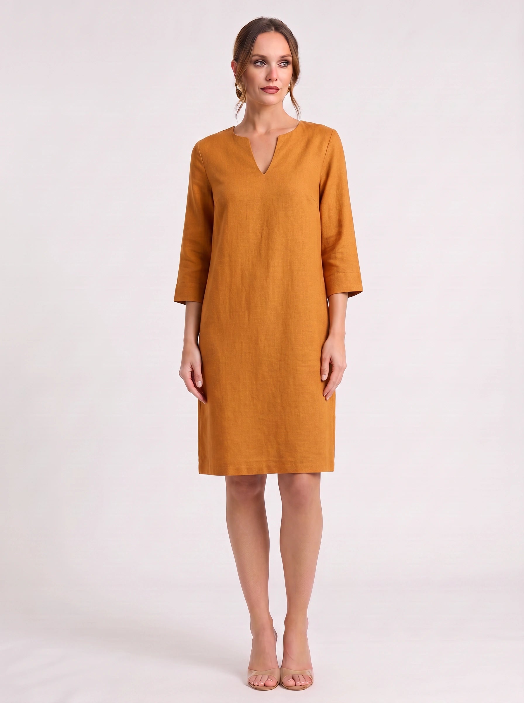Notchlin V-Neck Shift Dress – Linen Women Casual Office Work Minimalist Three-Quarter Sleeve Shift Dress