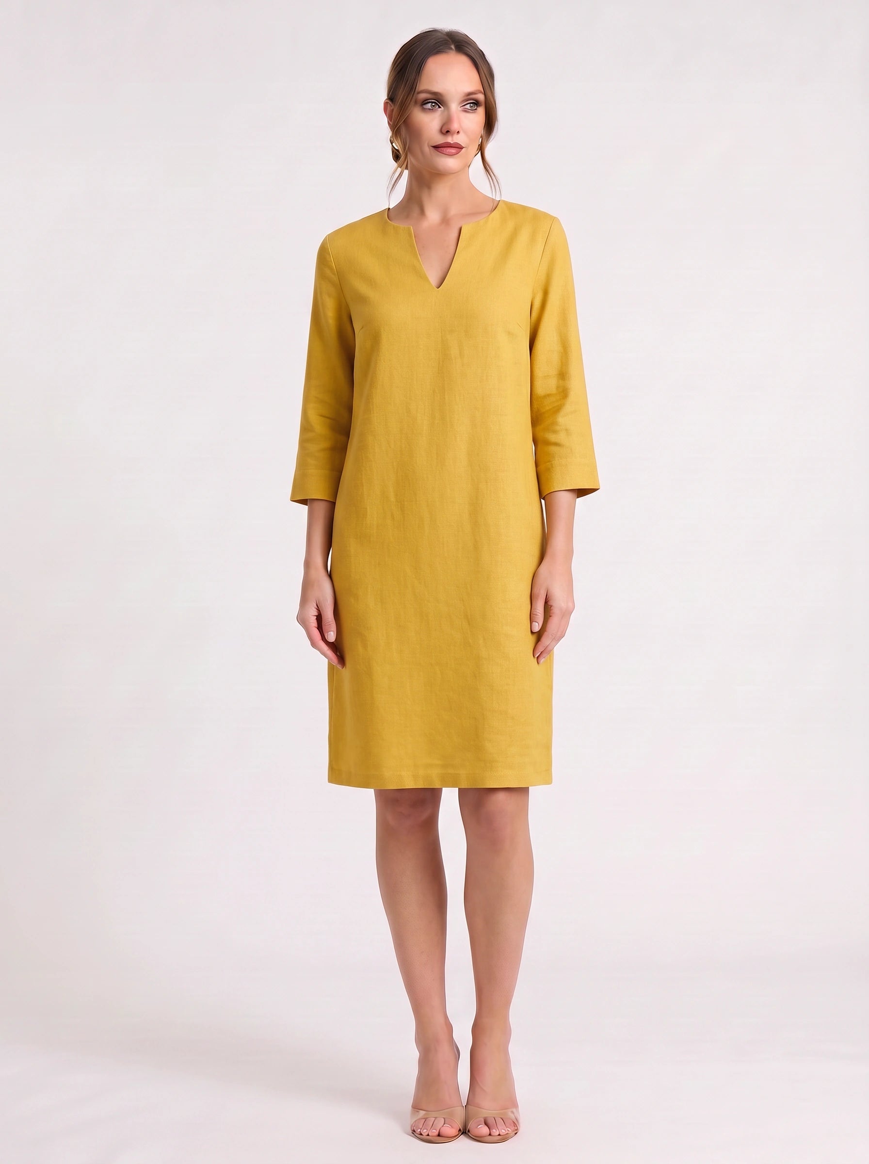 Notchlin V-Neck Shift Dress – Linen Women Casual Office Work Minimalist Three-Quarter Sleeve Shift Dress
