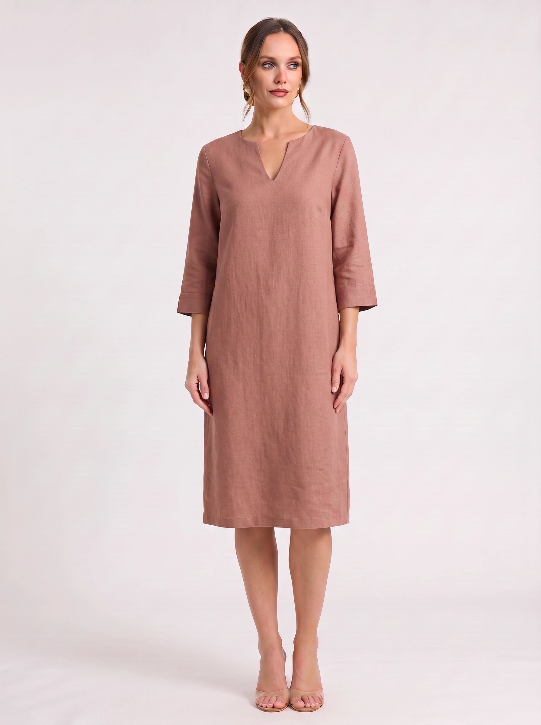 Notchlin V-Neck Shift Dress – Linen Women Casual Office Work Minimalist Three-Quarter Sleeve Shift Dress