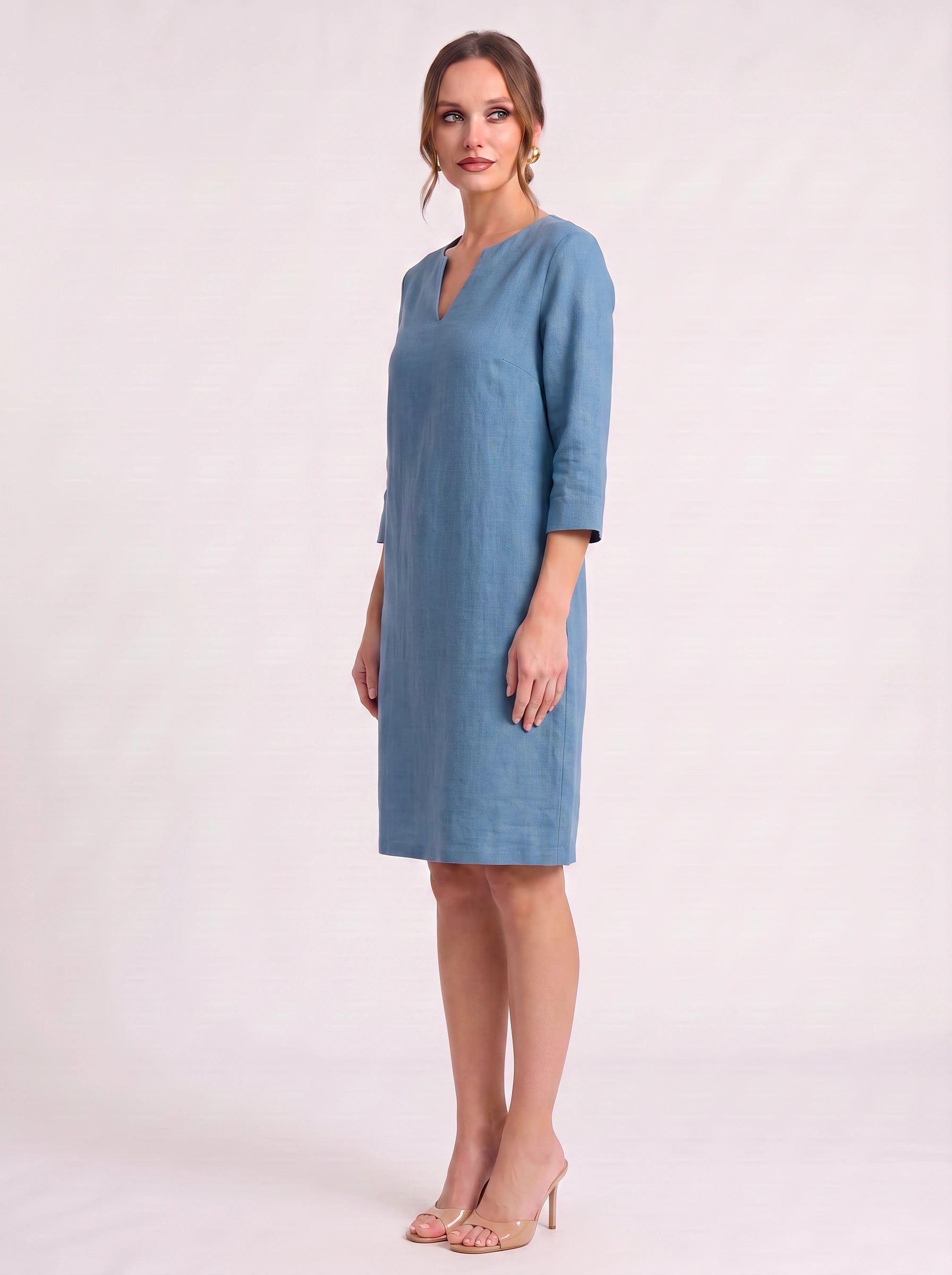 Notchlin V-Neck Shift Dress – Linen Women Casual Office Work Minimalist Three-Quarter Sleeve Shift Dress