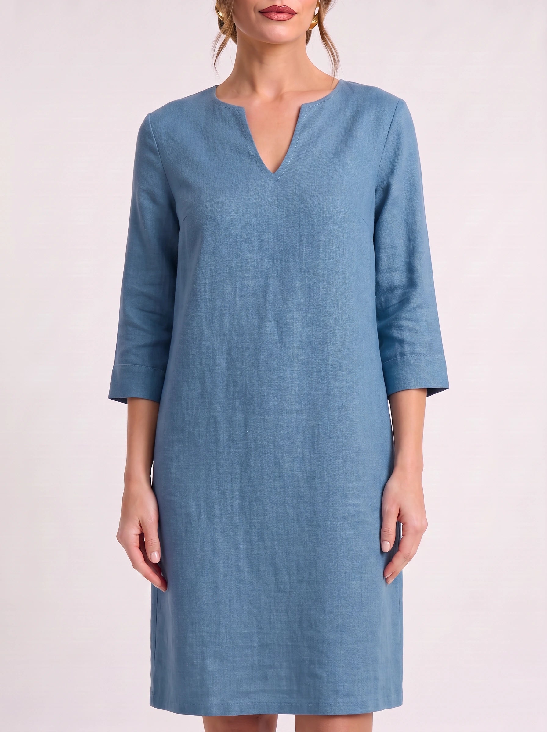 Notchlin V-Neck Shift Dress – Linen Women Casual Office Work Minimalist Three-Quarter Sleeve Shift Dress