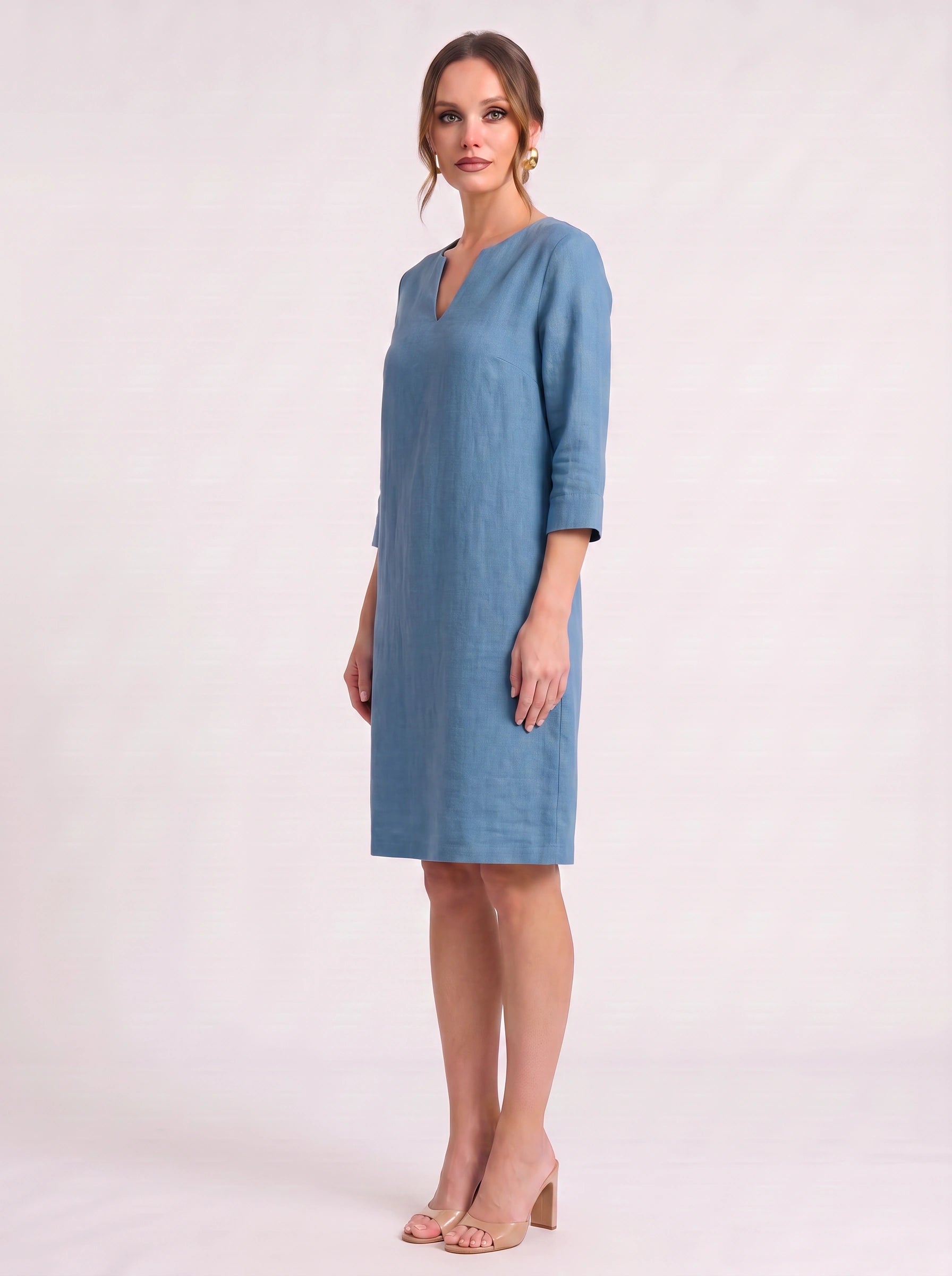 Notchlin V-Neck Shift Dress – Linen Women Casual Office Work Minimalist Three-Quarter Sleeve Shift Dress