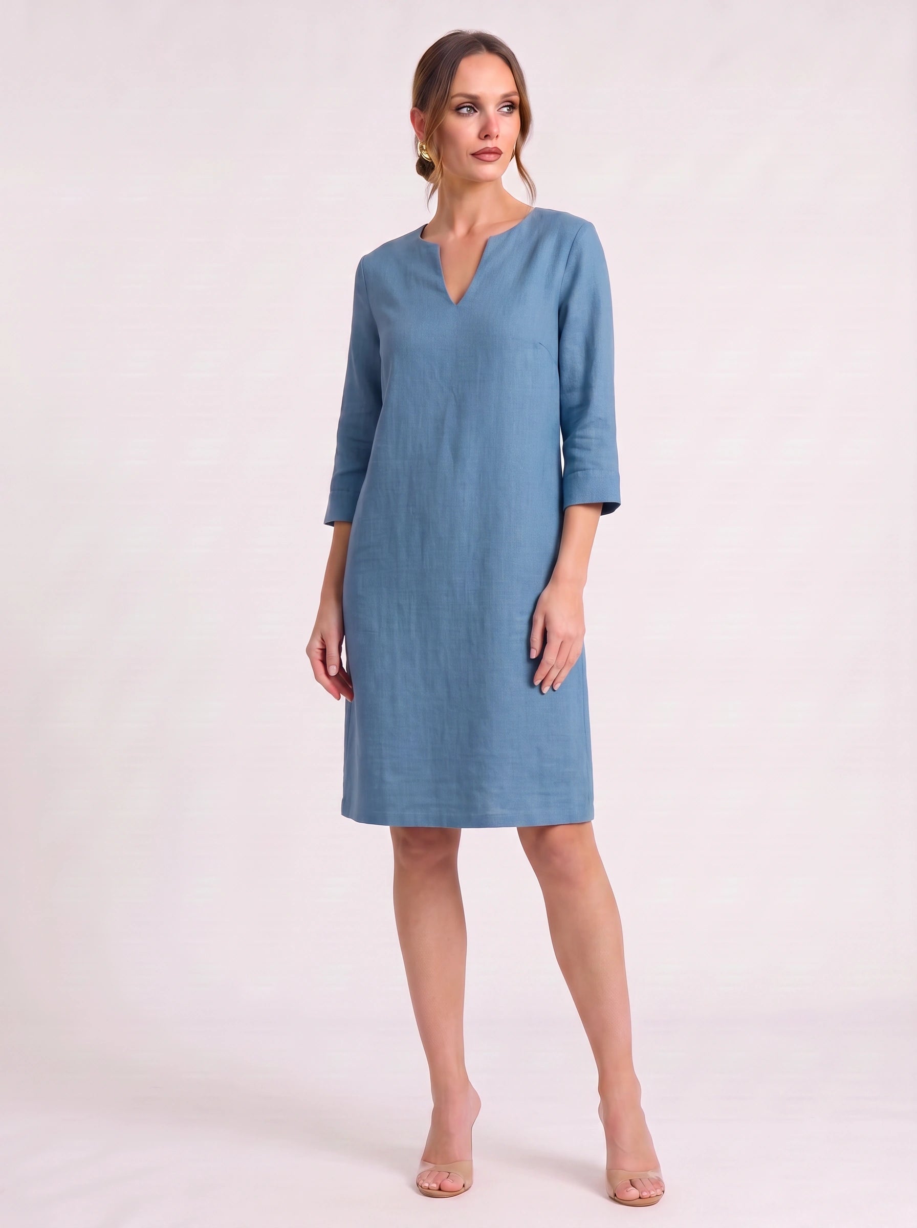 Notchlin V-Neck Shift Dress – Linen Women Casual Office Work Minimalist Three-Quarter Sleeve Shift Dress