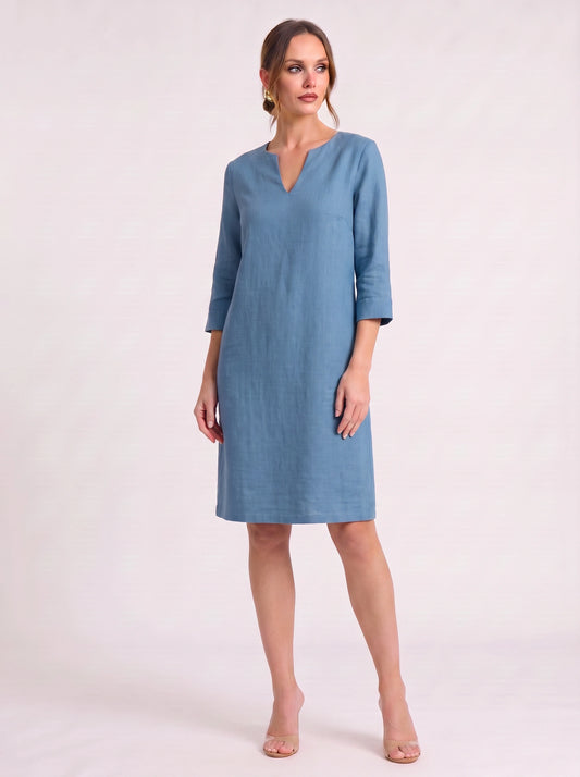 Notchlin V-Neck Shift Dress – Linen Women Casual Office Work Minimalist Three-Quarter Sleeve Shift Dress