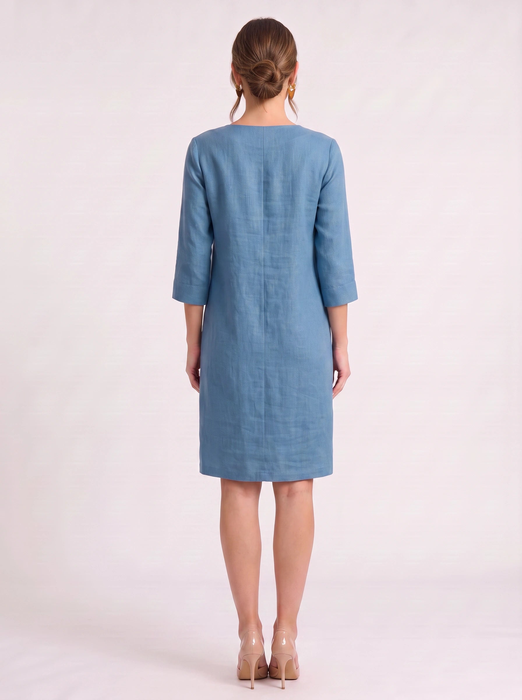 Notchlin V-Neck Shift Dress – Linen Women Casual Office Work Minimalist Three-Quarter Sleeve Shift Dress