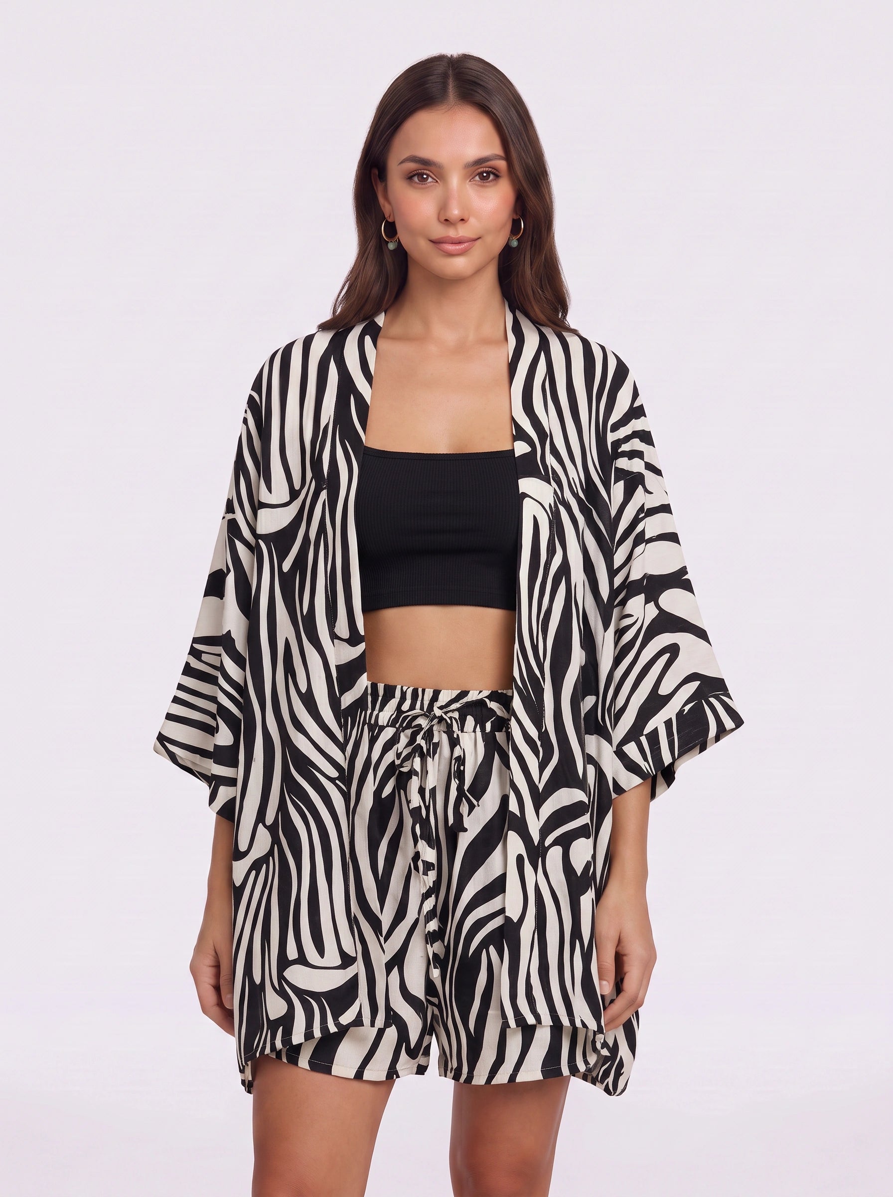 Kimoura Zebra Print Kimono Short Set – Two Piece Sets Women Loungewear Beach Cover Up Resort Vacation Lounge Set