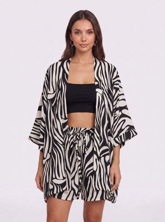 Kimoura Zebra Print Kimono Short Set – Two Piece Sets Women Loungewear Beach Cover Up Resort Vacation Lounge Set