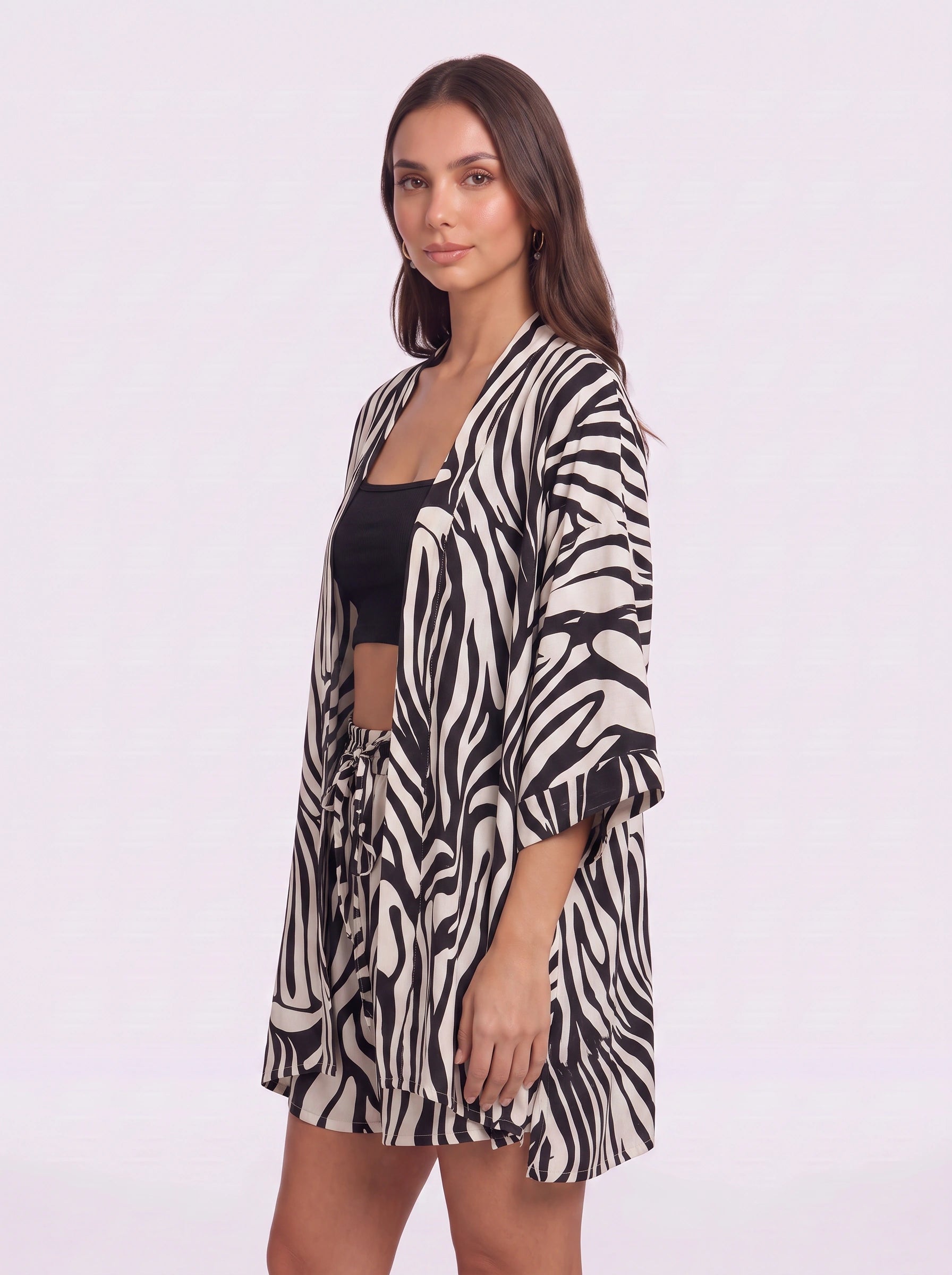Kimoura Zebra Print Kimono Short Set – Two Piece Sets Women Loungewear Beach Cover Up Resort Vacation Lounge Set