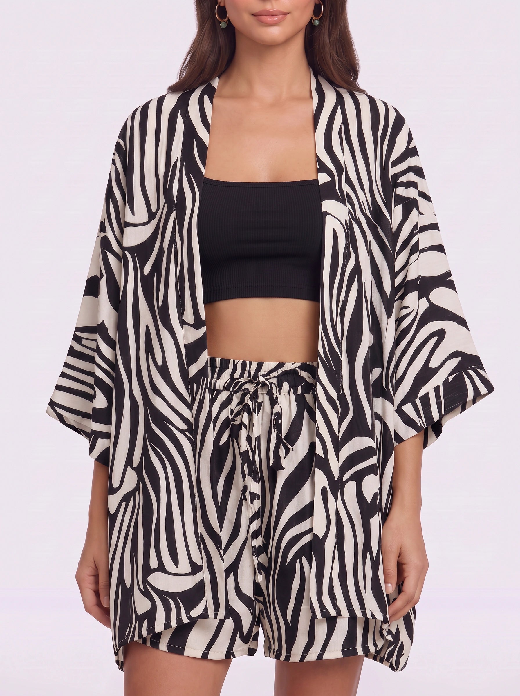 Kimoura Zebra Print Kimono Short Set – Two Piece Sets Women Loungewear Beach Cover Up Resort Vacation Lounge Set