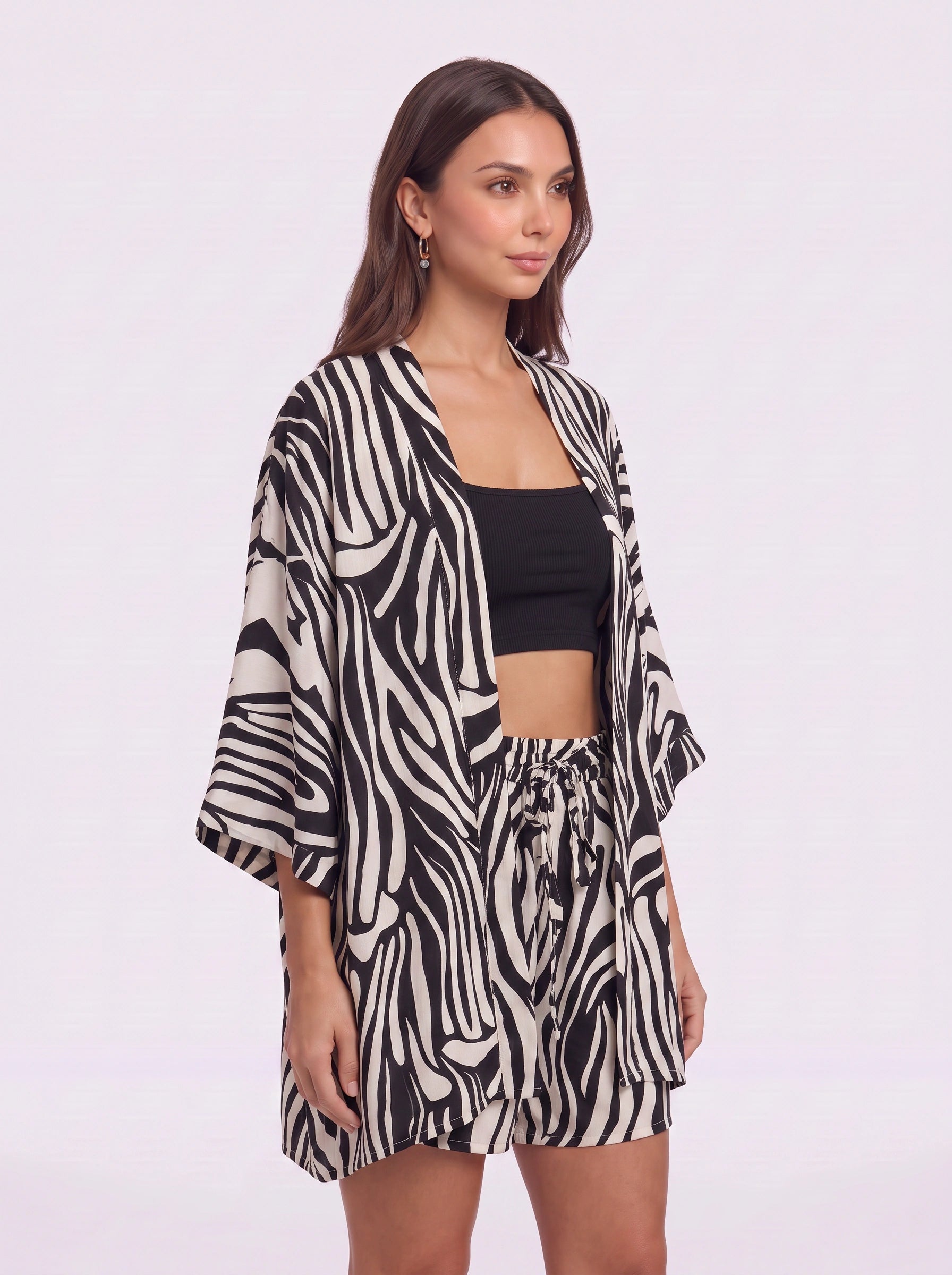 Kimoura Zebra Print Kimono Short Set – Two Piece Sets Women Loungewear Beach Cover Up Resort Vacation Lounge Set
