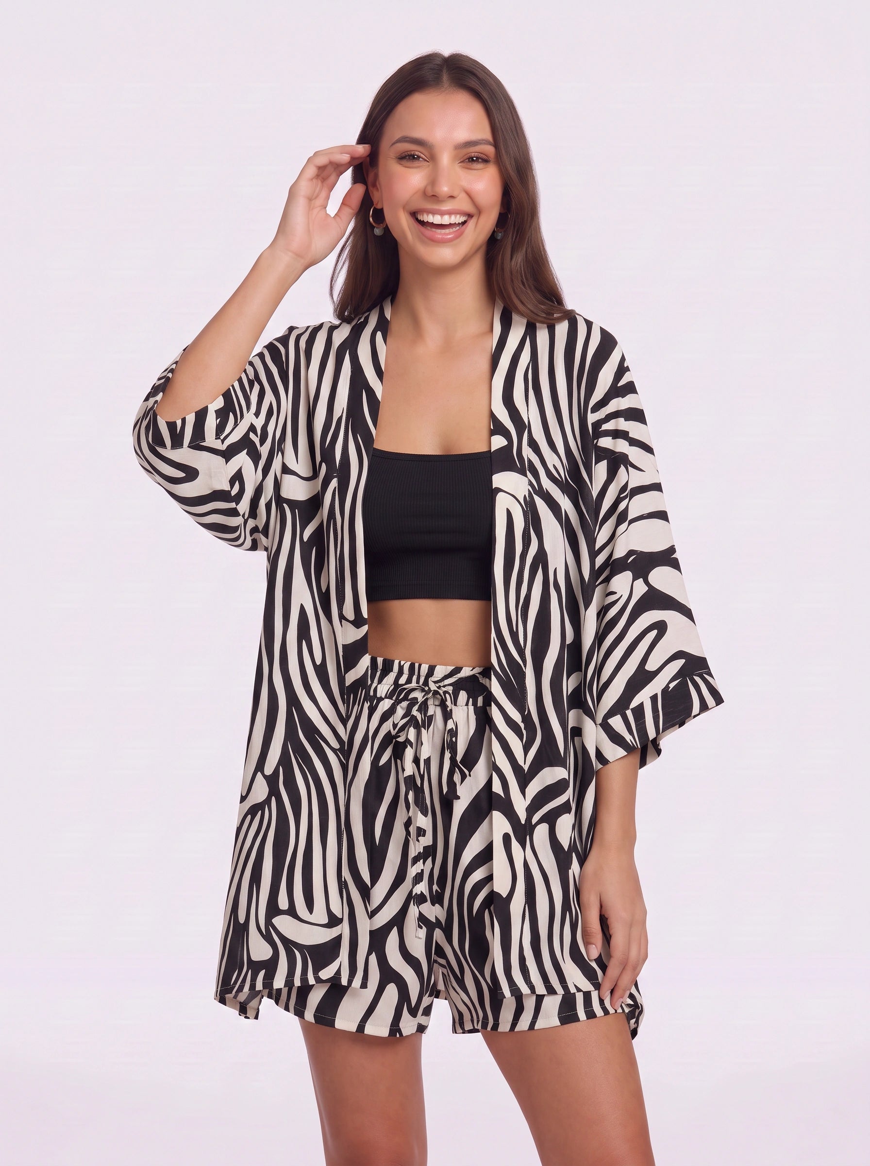 Kimoura Zebra Print Kimono Short Set – Two Piece Sets Women Loungewear Beach Cover Up Resort Vacation Lounge Set