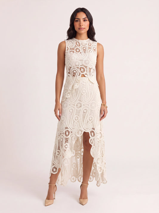Croclea Lace Peplum Top Skirt Set – Women Formal Wedding Guest Elegant Evening Two Piece Set