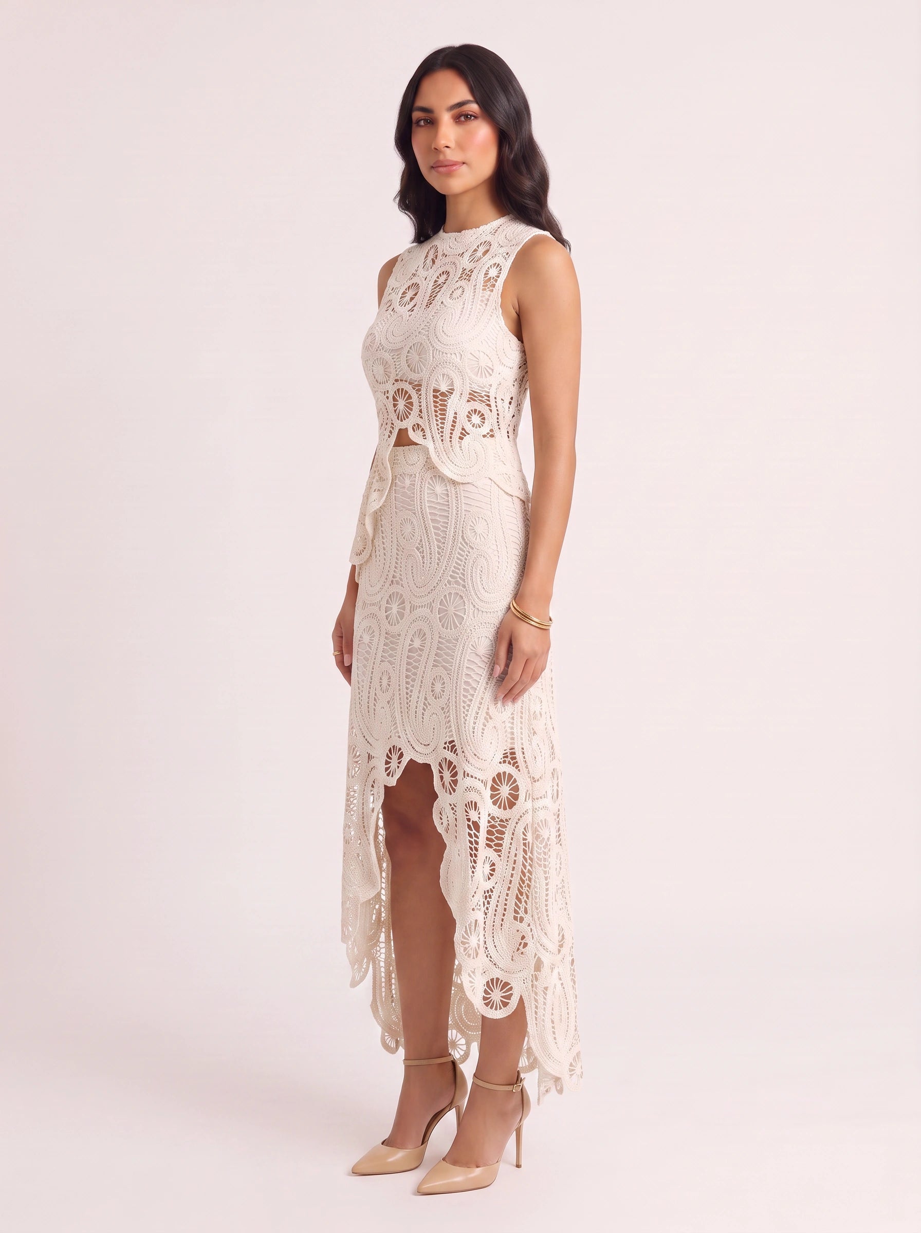 Croclea Lace Peplum Top Skirt Set – Women Formal Wedding Guest Elegant Evening Two Piece Set