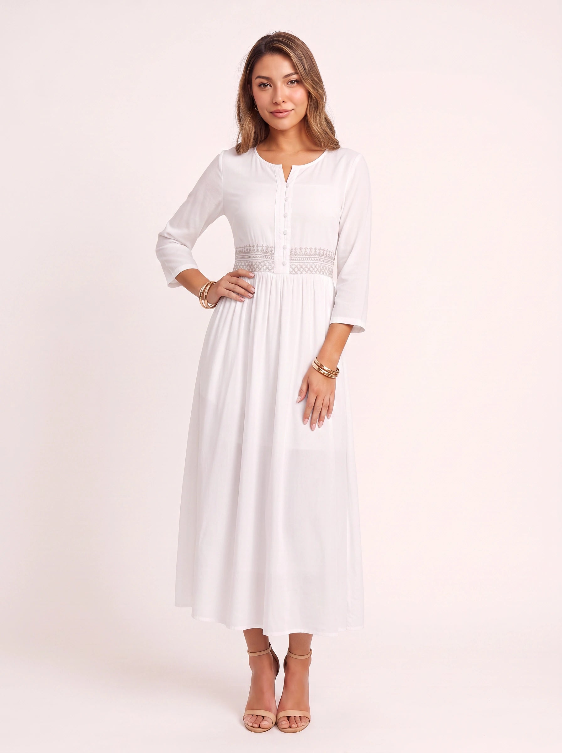 Ricami Smocked Waist Midi Dress – Long Sleeve Women Boho Button Front Casual Summer Vacation Midi Dress