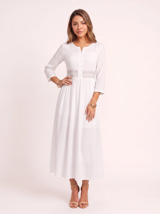 Ricami Smocked Waist Midi Dress – Long Sleeve Women Boho Button Front Casual Summer Vacation Midi Dress