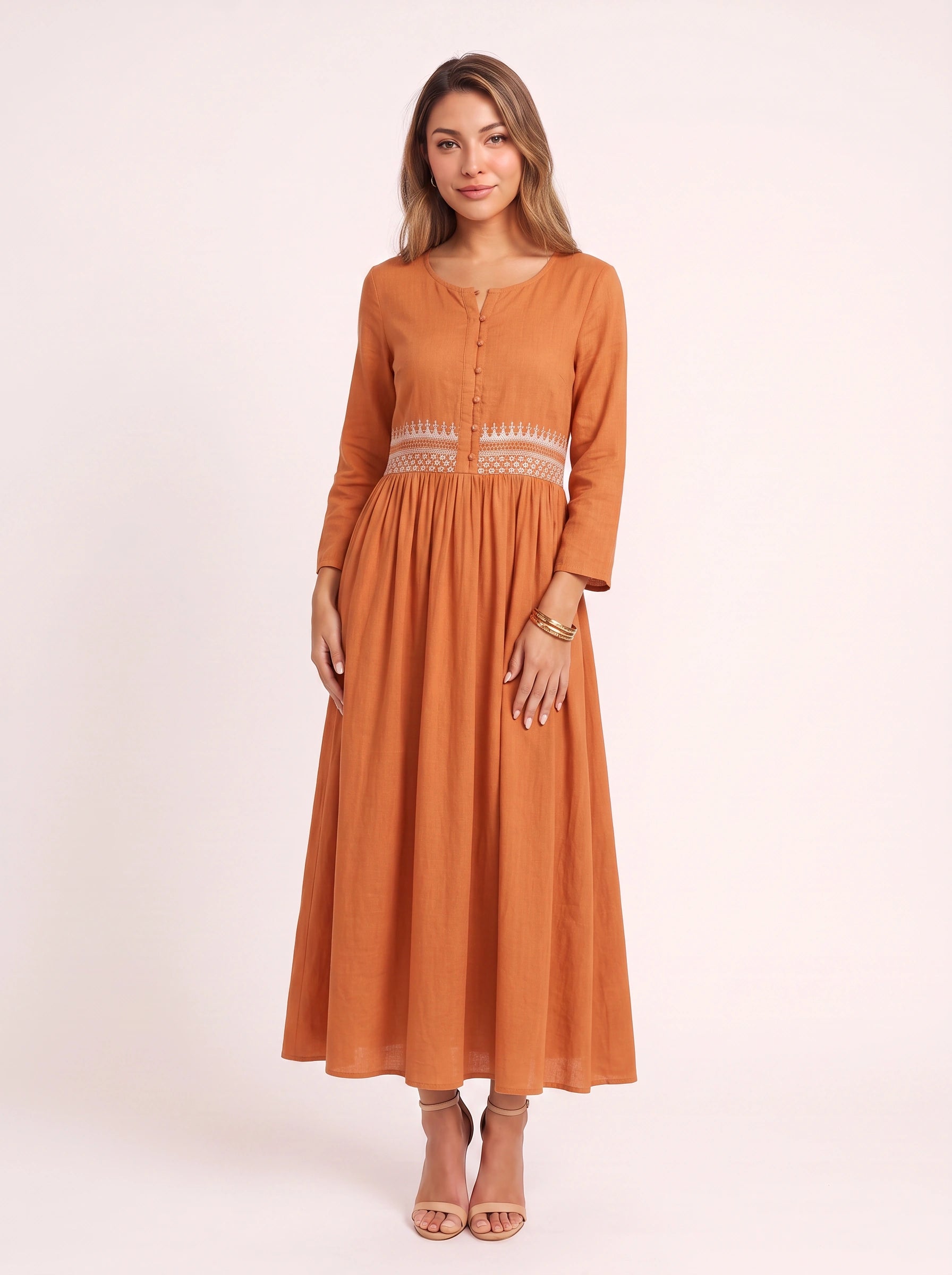 Ricami Smocked Waist Midi Dress – Long Sleeve Women Boho Button Front Casual Summer Vacation Midi Dress