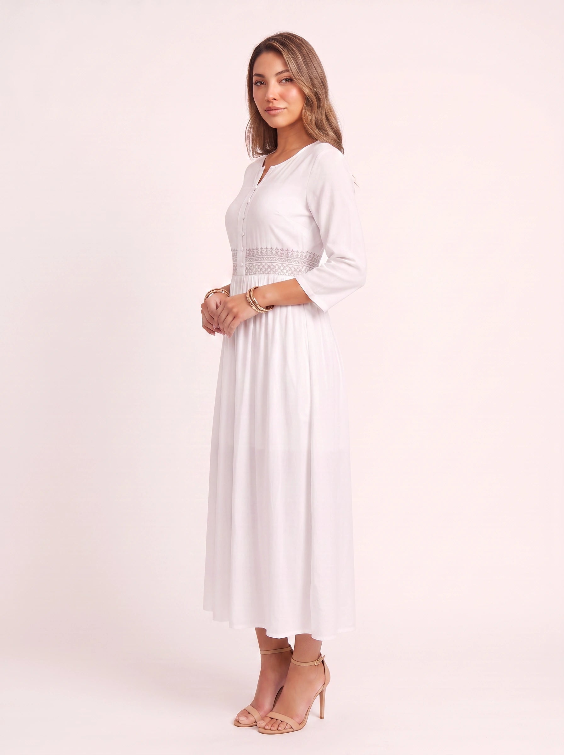 Ricami Smocked Waist Midi Dress – Long Sleeve Women Boho Button Front Casual Summer Vacation Midi Dress