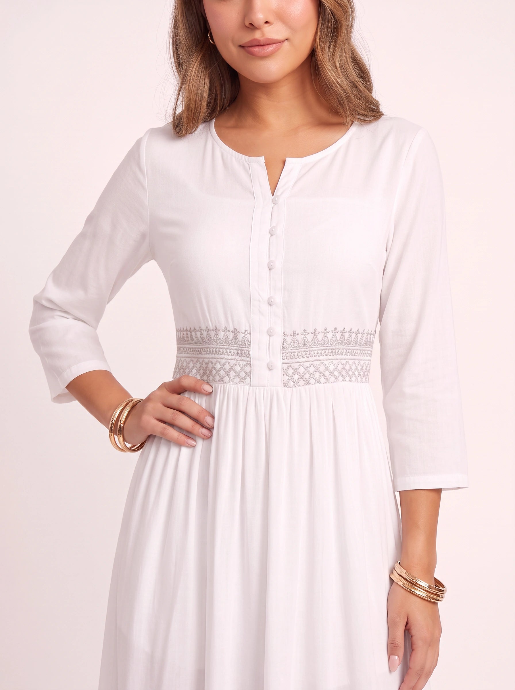 Ricami Smocked Waist Midi Dress – Long Sleeve Women Boho Button Front Casual Summer Vacation Midi Dress
