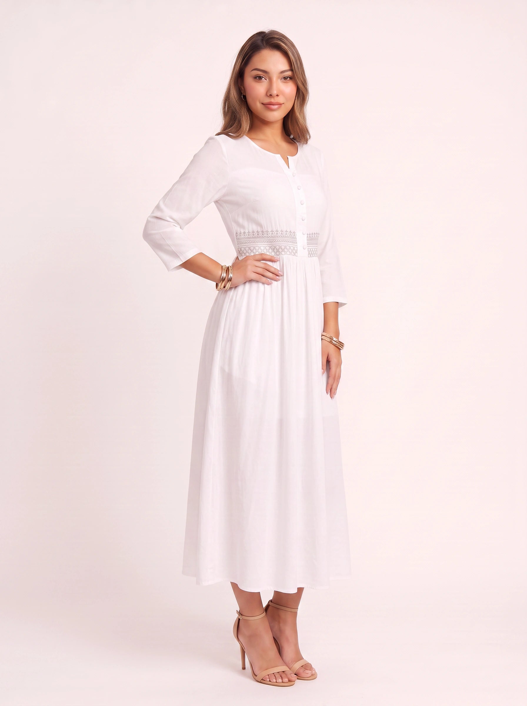 Ricami Smocked Waist Midi Dress – Long Sleeve Women Boho Button Front Casual Summer Vacation Midi Dress