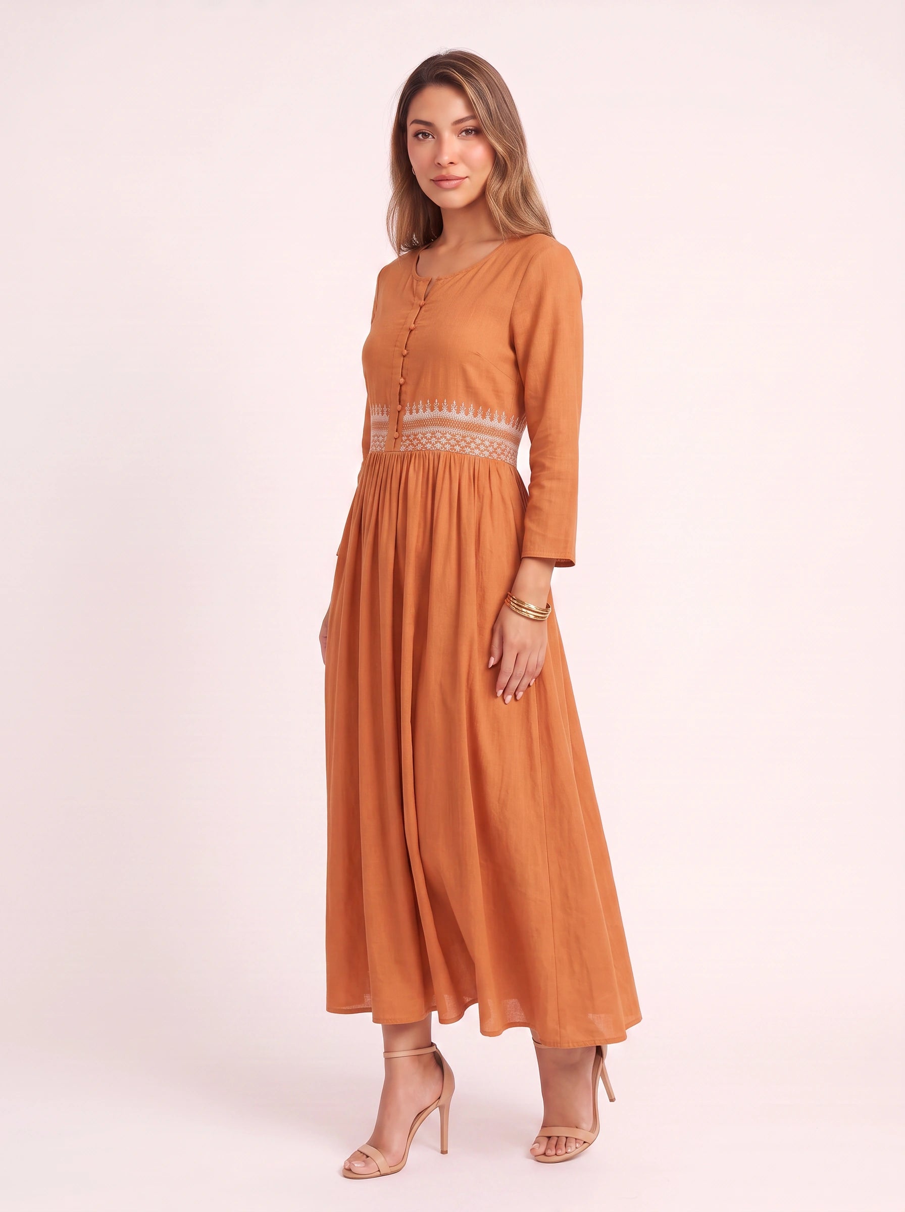 Ricami Smocked Waist Midi Dress – Long Sleeve Women Boho Button Front Casual Summer Vacation Midi Dress
