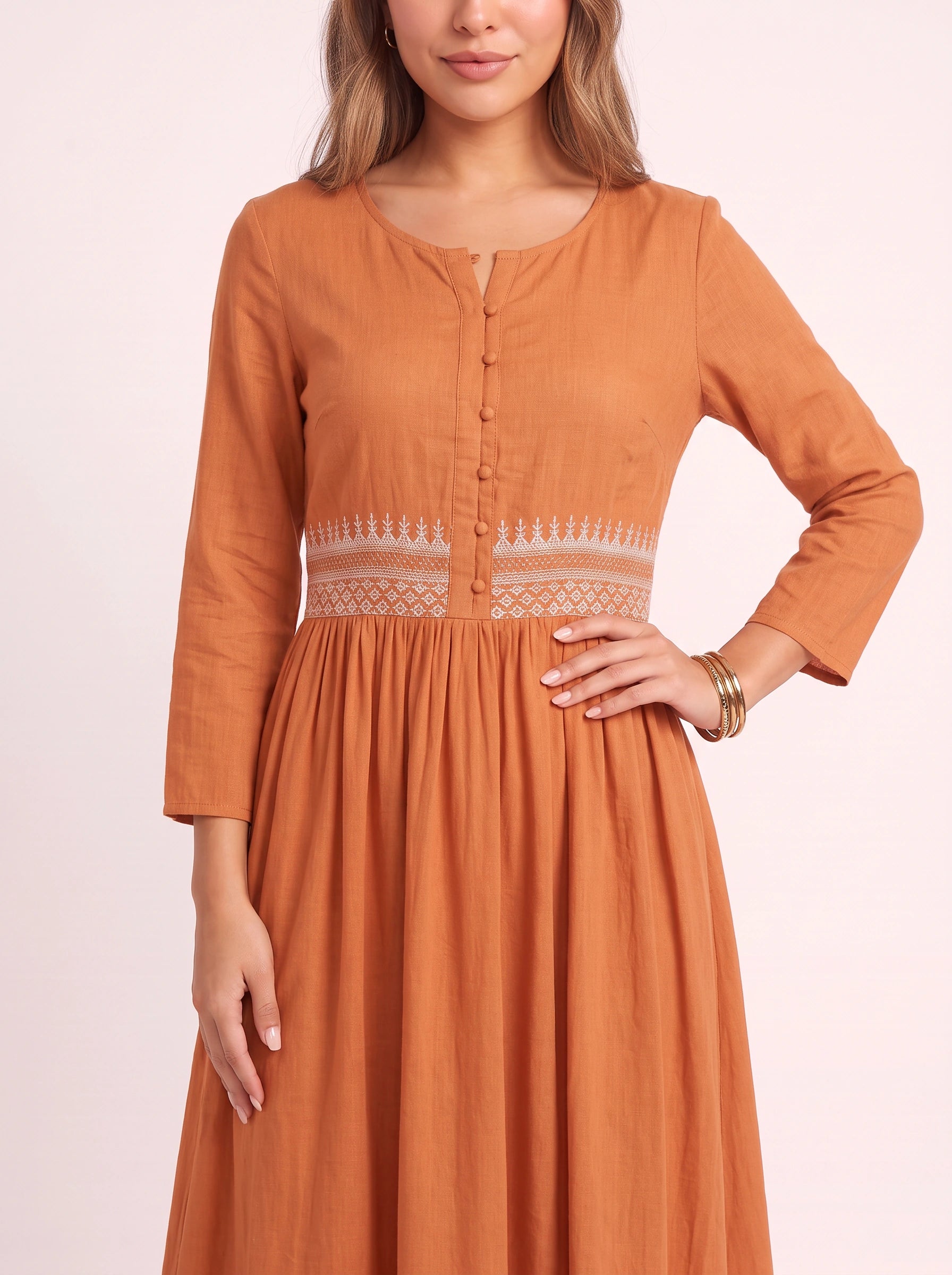 Ricami Smocked Waist Midi Dress – Long Sleeve Women Boho Button Front Casual Summer Vacation Midi Dress