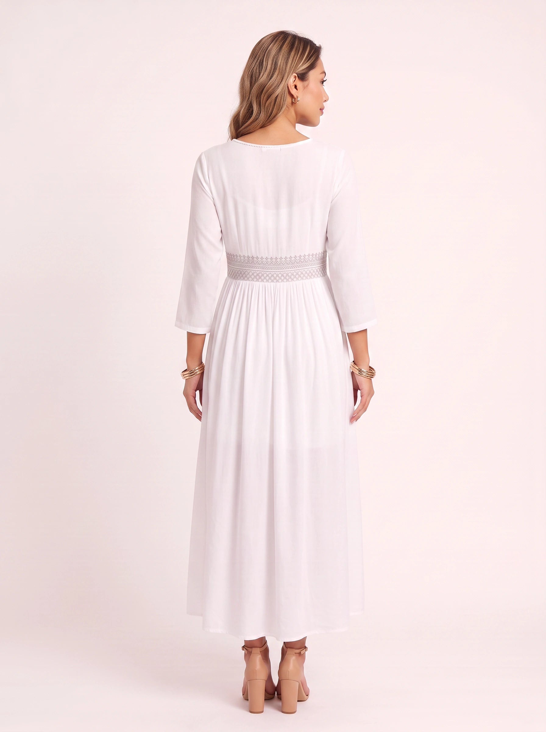 Ricami Smocked Waist Midi Dress – Long Sleeve Women Boho Button Front Casual Summer Vacation Midi Dress