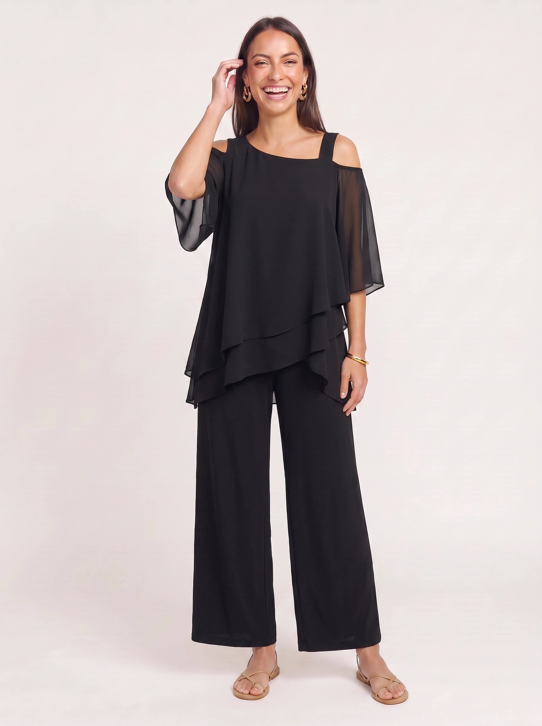 Ombrix Cold-Shoulder Wide-Leg Trouser Set – Palazzo Pants Women Formal Elegant Evening Two Piece Set