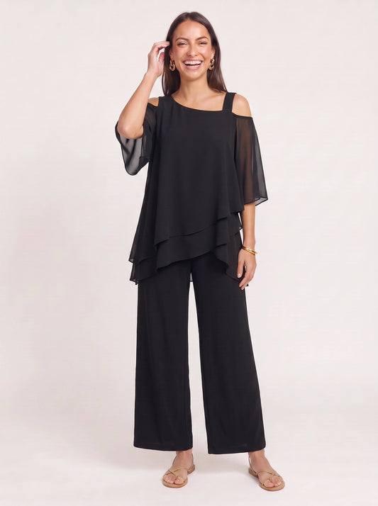 Ombrix Cold-Shoulder Wide-Leg Trouser Set – Palazzo Pants Women Formal Elegant Evening Two Piece Set