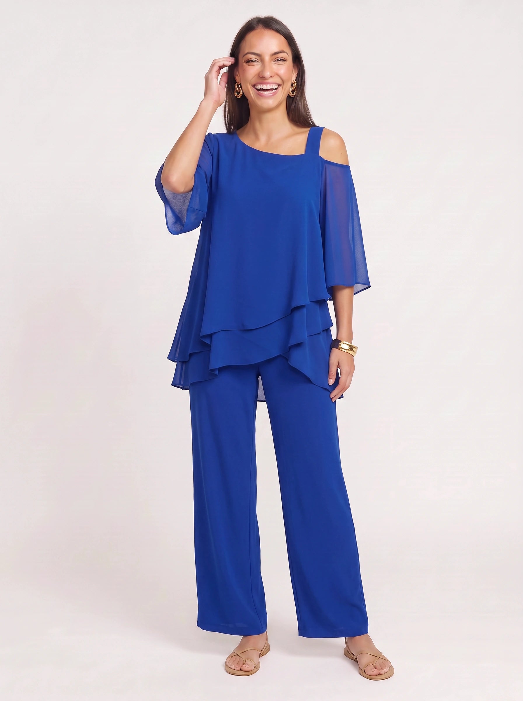 Ombrix Cold-Shoulder Wide-Leg Trouser Set – Palazzo Pants Women Formal Elegant Evening Two Piece Set