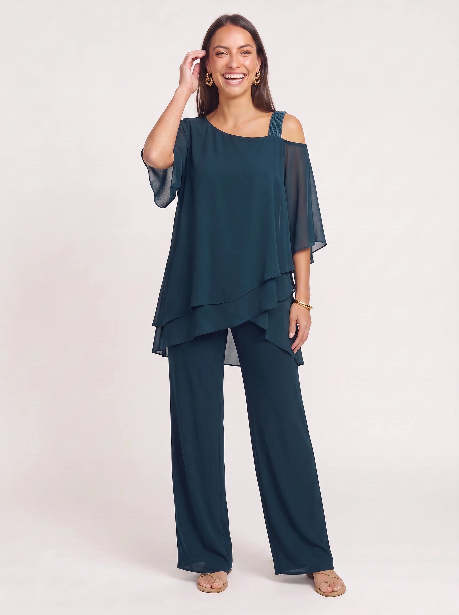 Ombrix Cold-Shoulder Wide-Leg Trouser Set – Palazzo Pants Women Formal Elegant Evening Two Piece Set