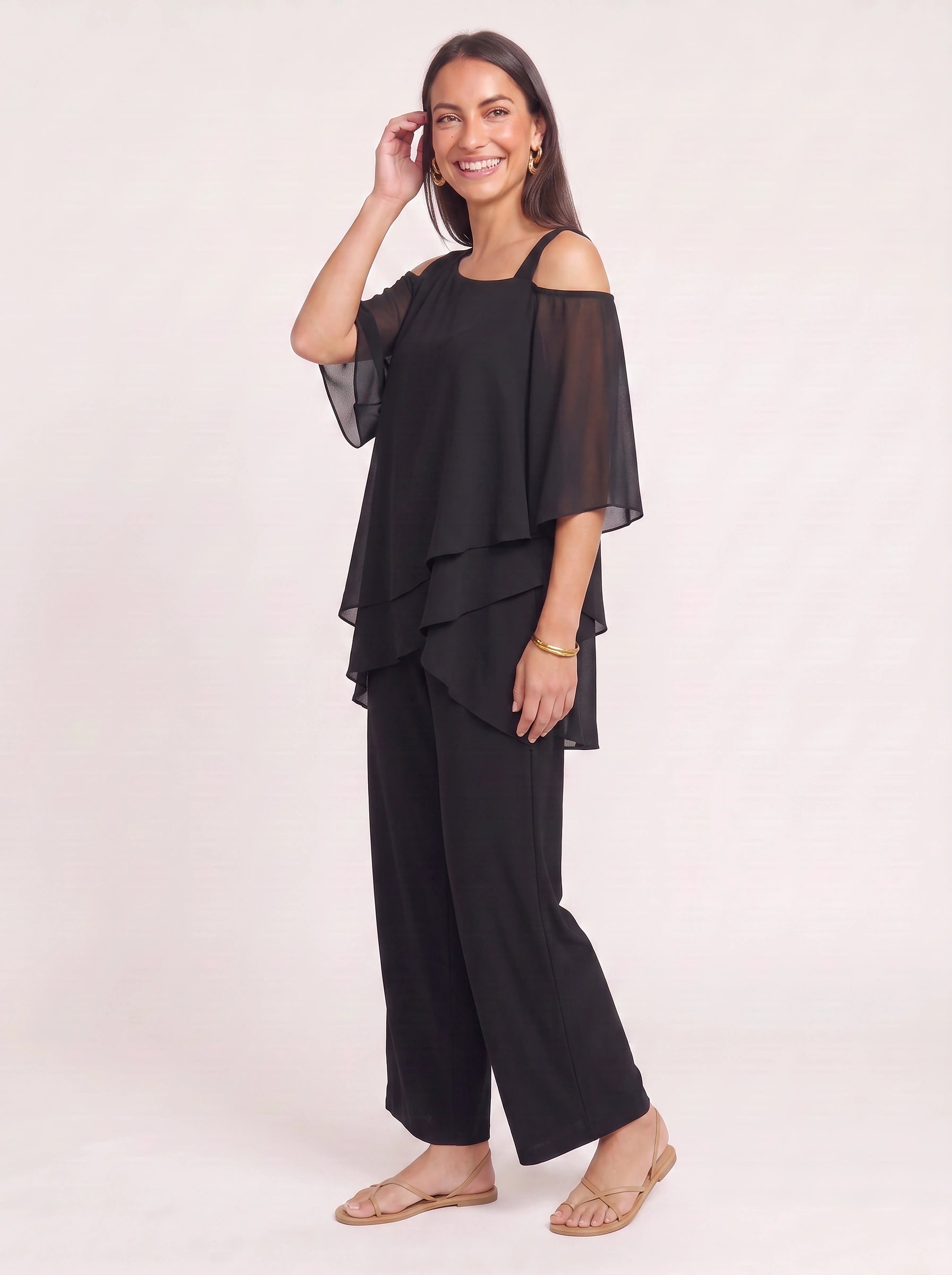 Ombrix Cold-Shoulder Wide-Leg Trouser Set – Palazzo Pants Women Formal Elegant Evening Two Piece Set