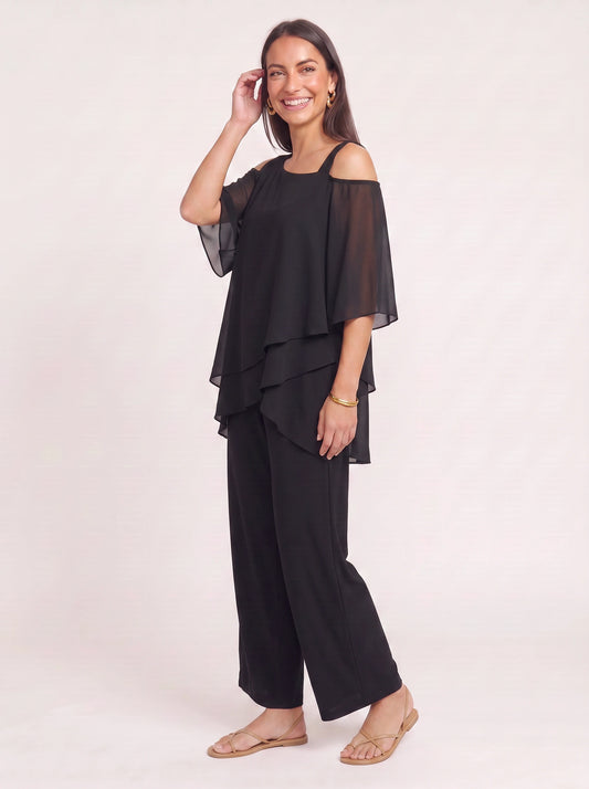 Ombrix Cold-Shoulder Wide-Leg Trouser Set – Palazzo Pants Women Formal Elegant Evening Two Piece Set