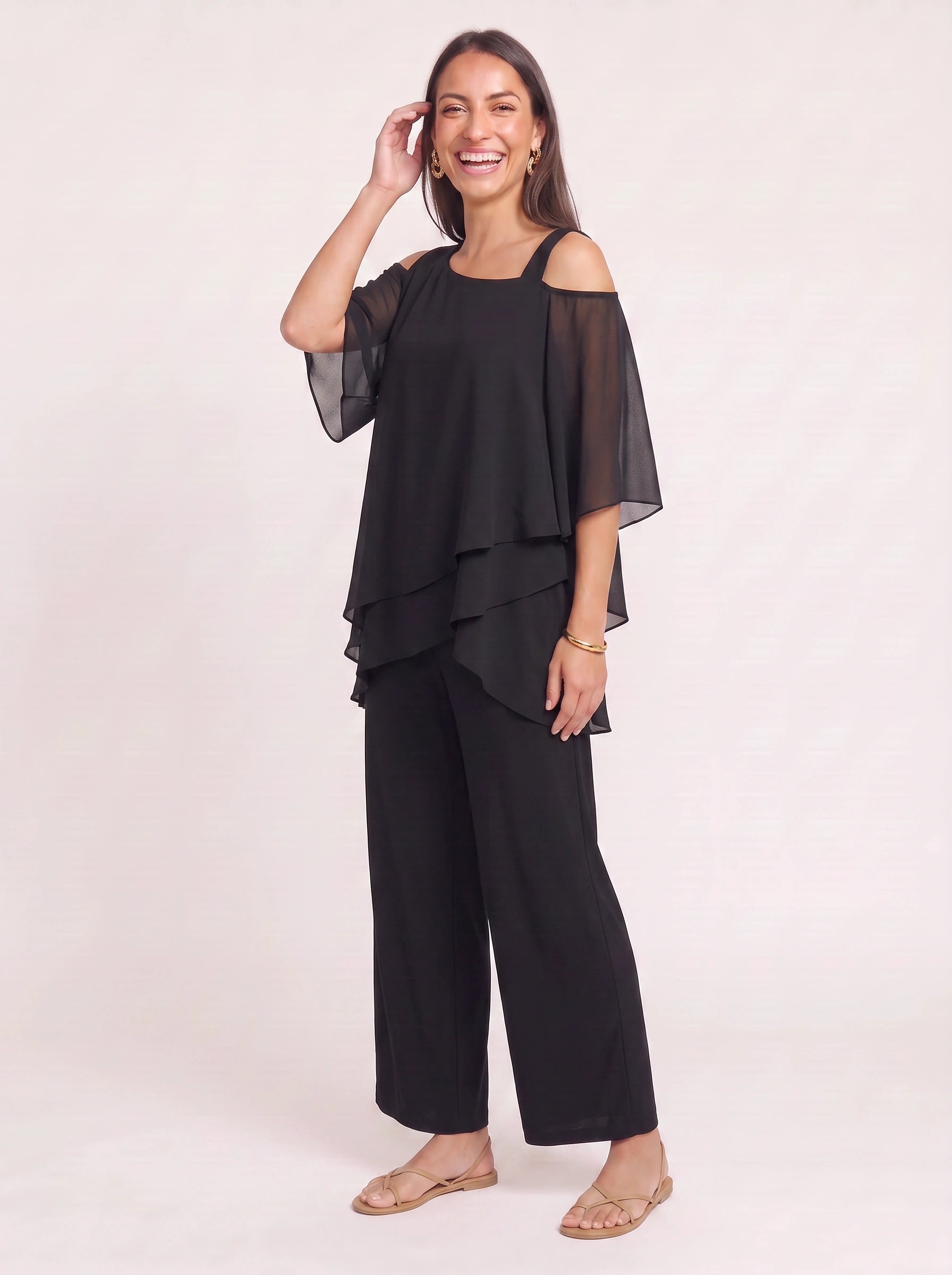 Ombrix Cold-Shoulder Wide-Leg Trouser Set – Palazzo Pants Women Formal Elegant Evening Two Piece Set