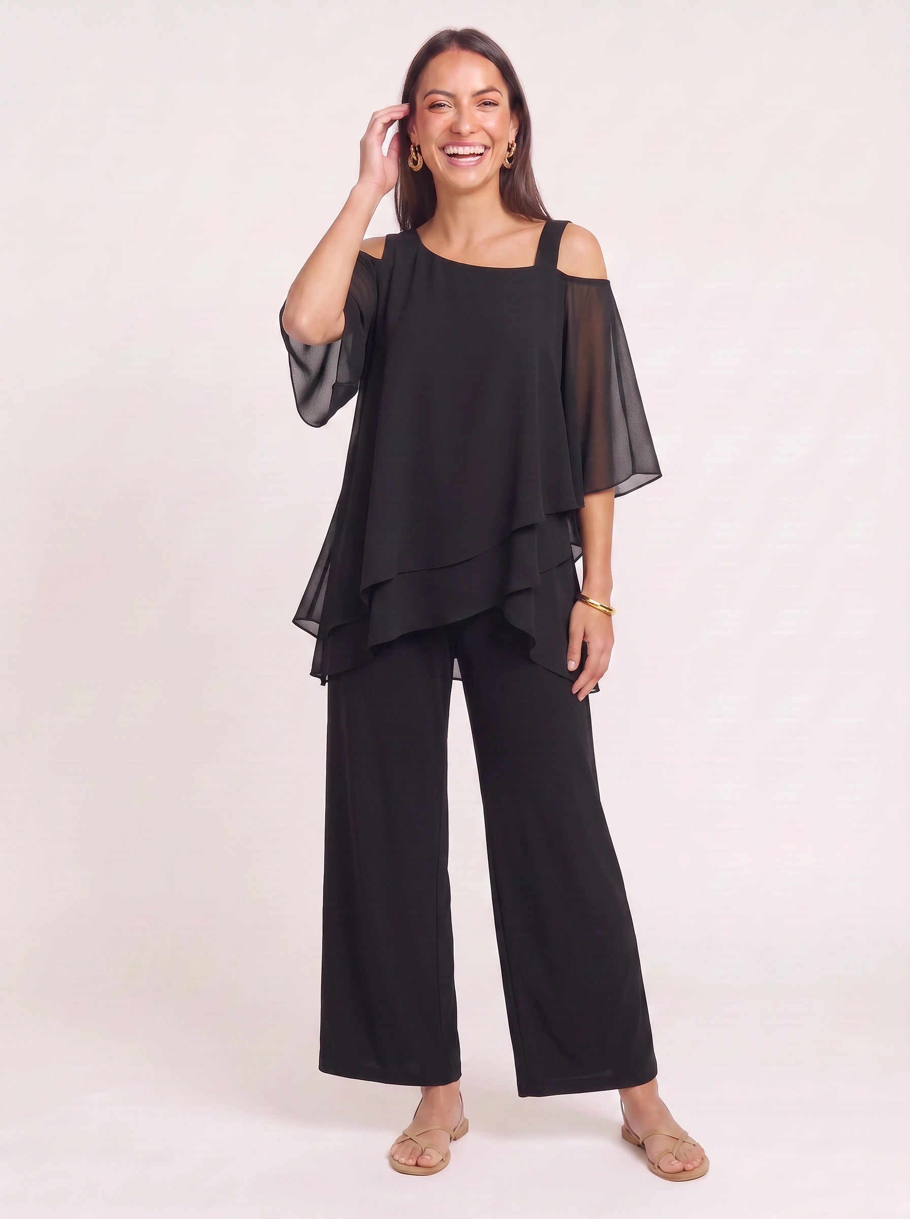Ombrix Cold-Shoulder Wide-Leg Trouser Set – Palazzo Pants Women Formal Elegant Evening Two Piece Set